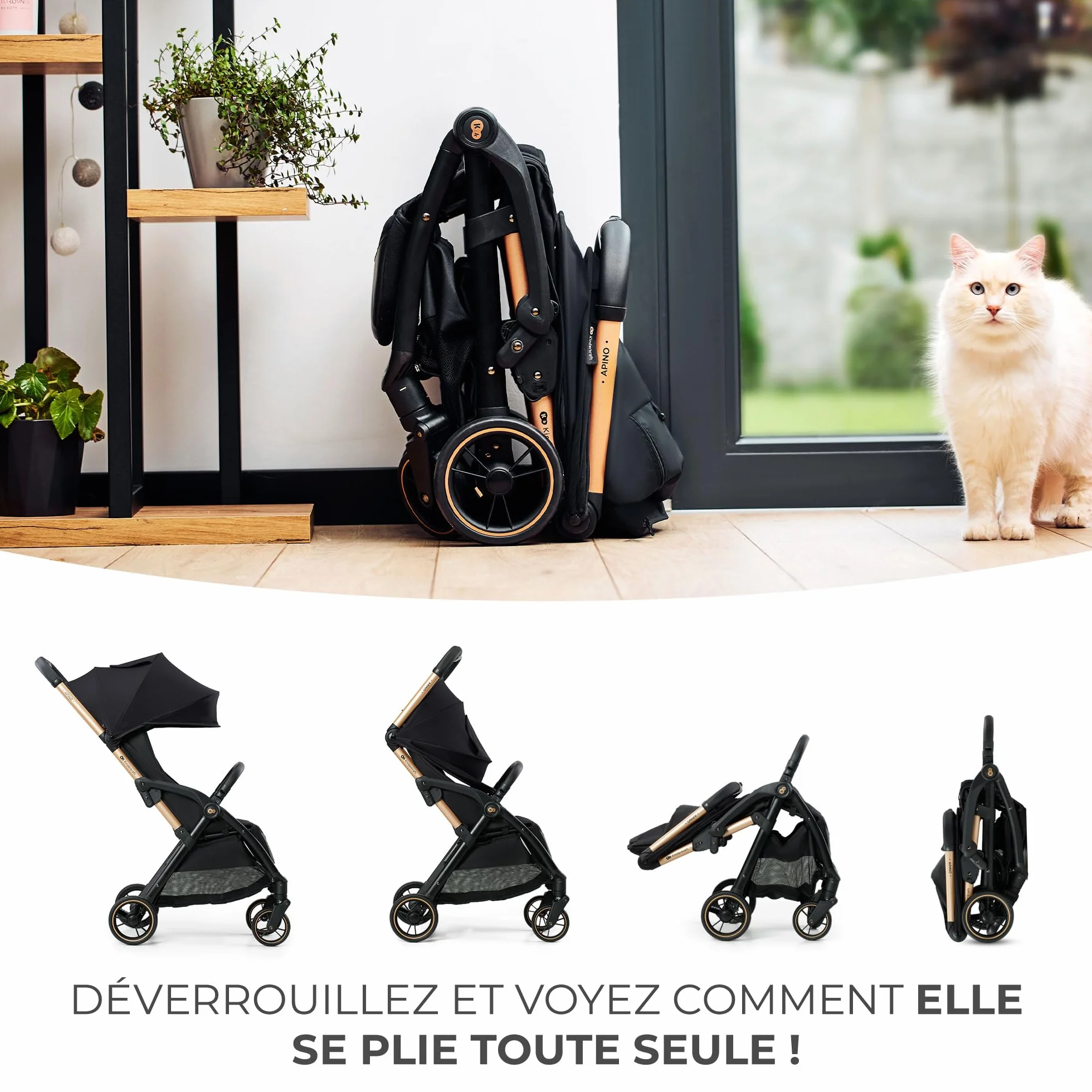 Kinderkraft APINO Poussette Légère 7,5 kg Pliage Automatique Auto Folding Noir