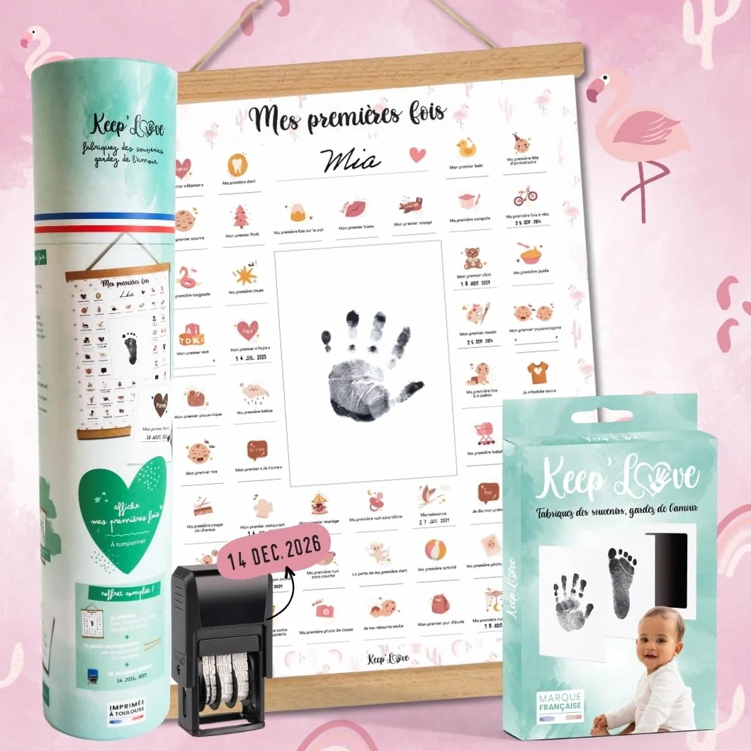Affiche Mes Premières Fois à Tamponner, Cadeau de Naissance Bébé, Kit Empreinte Bébé, Grand Format A3, Modèle FLAMANT ROSE