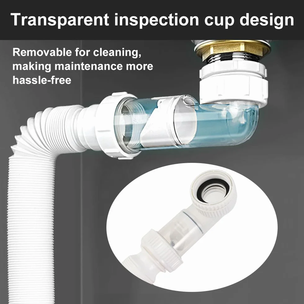 Siphon Lavabo Evier Cuisine 1 1/4 Zoll Plastique Gain de Place Adaptable à l'épreuve des Odeurs Tuyau de Vidange Flexible Universel