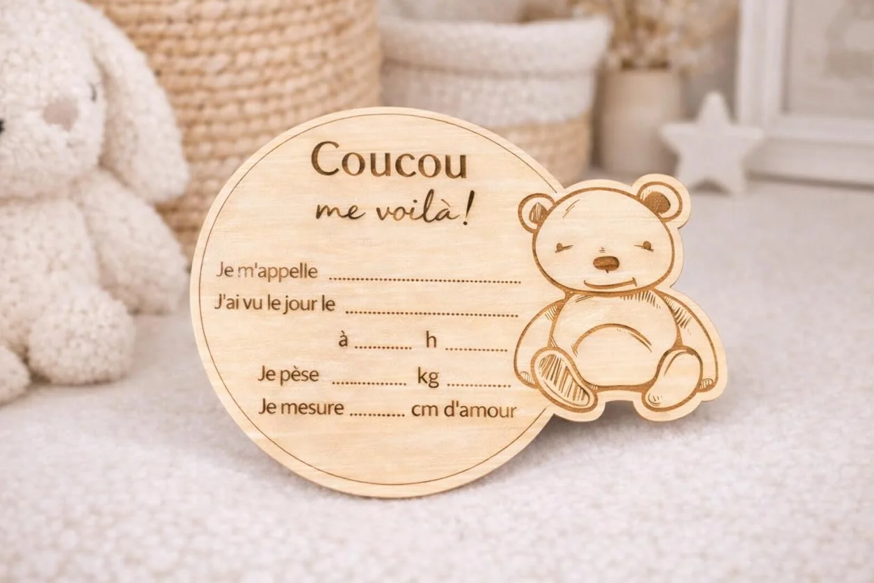 Carte bienvenue annonce naissance prénom bébé bois français - Disque prénom bébé date heure poids taille - Accessoire pancarte photo nouveau-né souvenir maternité