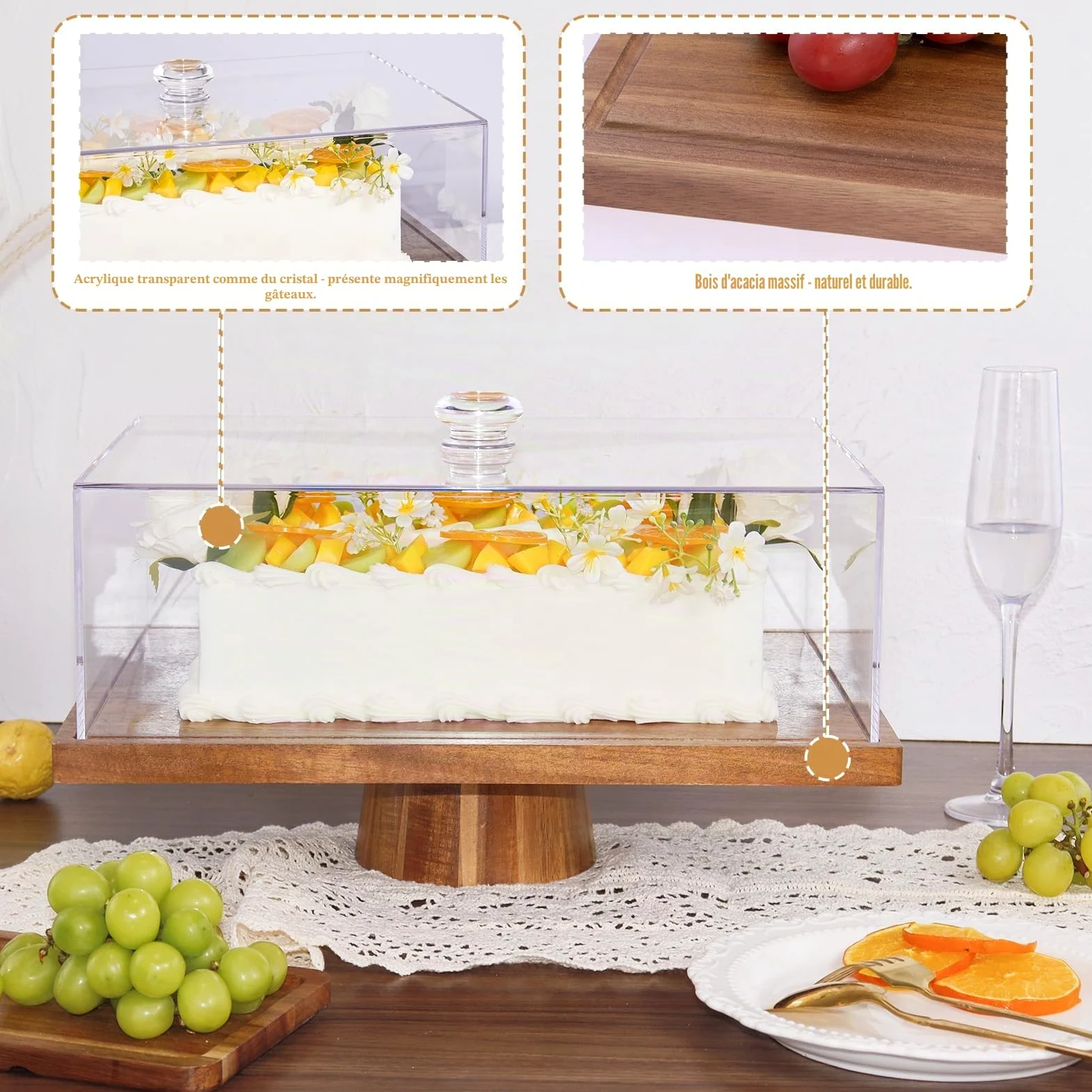 Présentoir à gâteaux rectangulaire en bois d'acacia de 43 cm avec couvercle - Plateau de service et présentoir à desserts 2 en 1, dôme à gâteaux en acrylique incassable (43 cm)