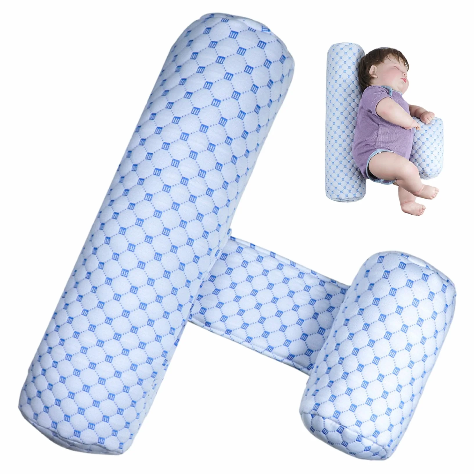 Oreiller Anti-roulis pour bébé, Cale de Couchage latérale Réglable et Respirante, Reflux Amovible Lavable Bleu