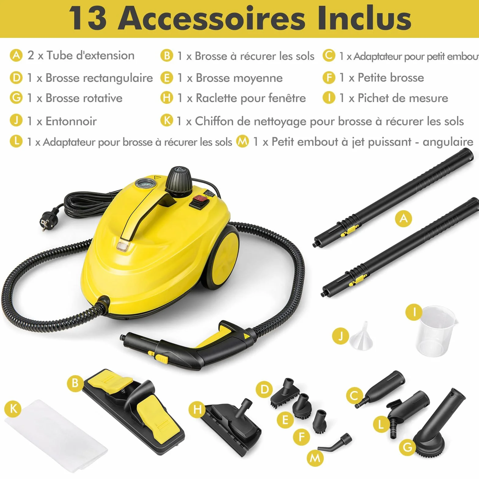 COSTWAY Nettoyeur Vapeur Haute Pression 2000W 13 Accessoires 5 Bars 1.8L Jaune