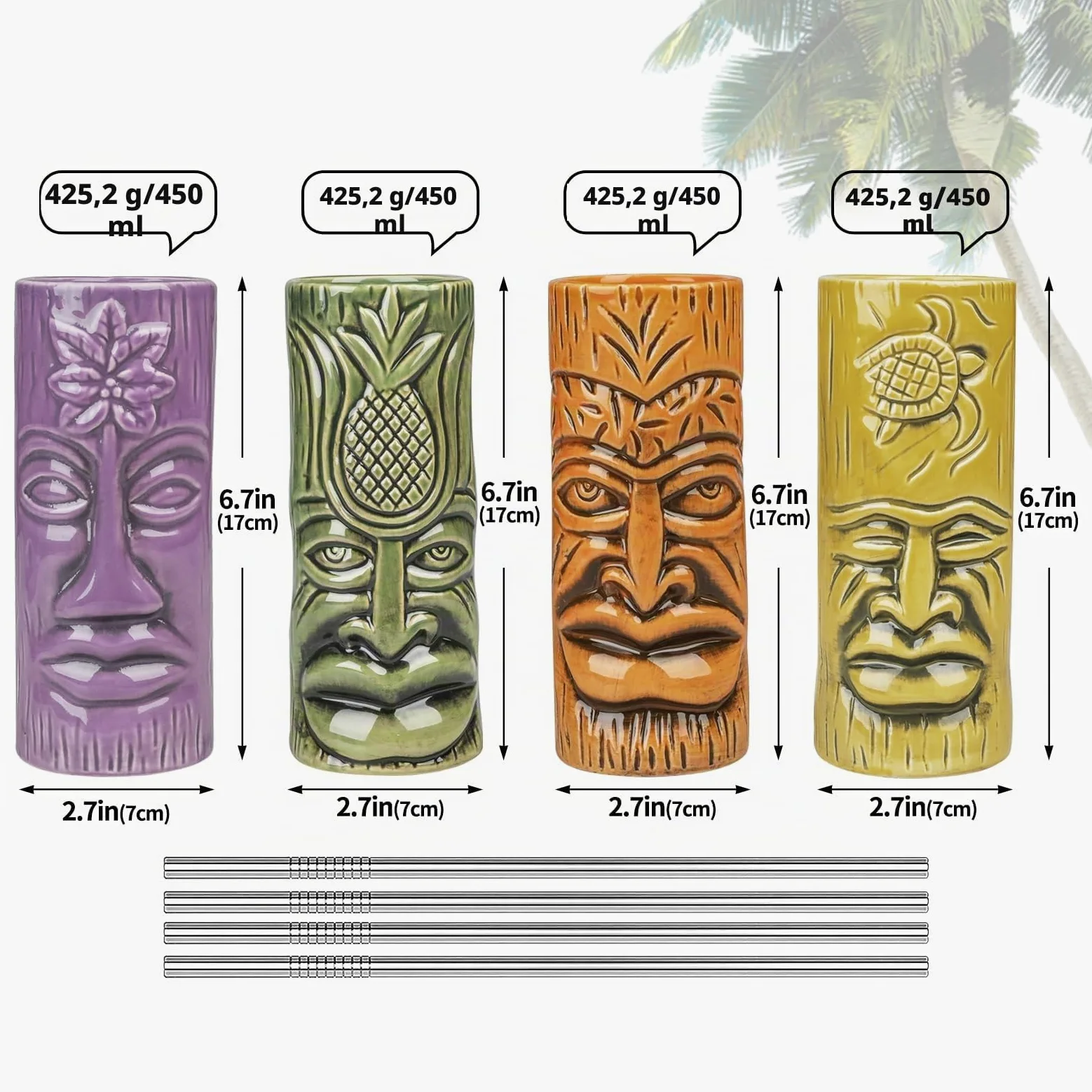 SuproBarware Lot de 4 Tasses Tiki en Céramique, Verres à Cocktail Exotiques avec Pailles, Gobelets pour Fête Hawaïenne Mai Tai Pina Colada, Accessoires de Bar Professionnel