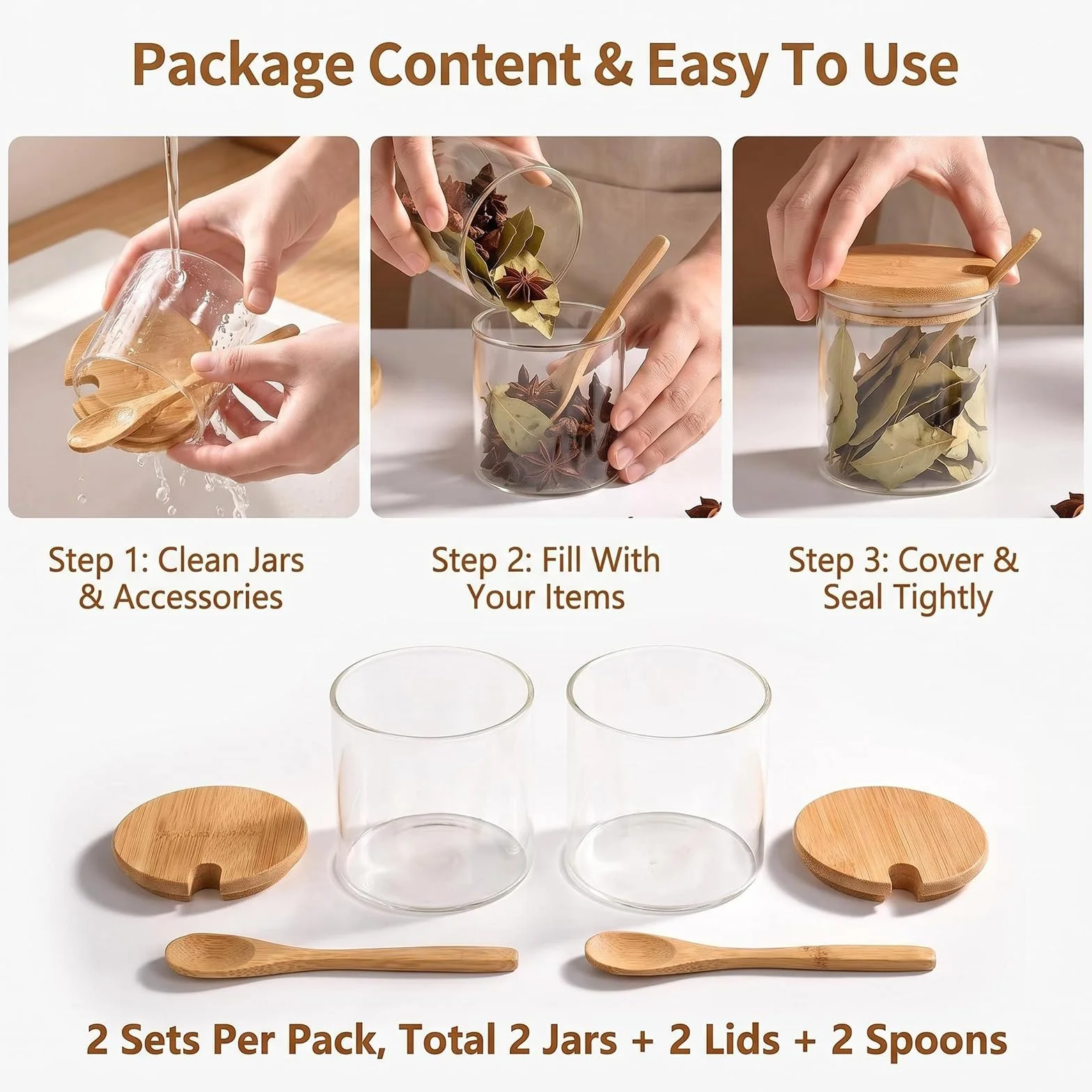 QUUPY Lot de 2 bocaux en verre transparent 300 ml avec cuillères et couvercles pour épices et assaisonnements