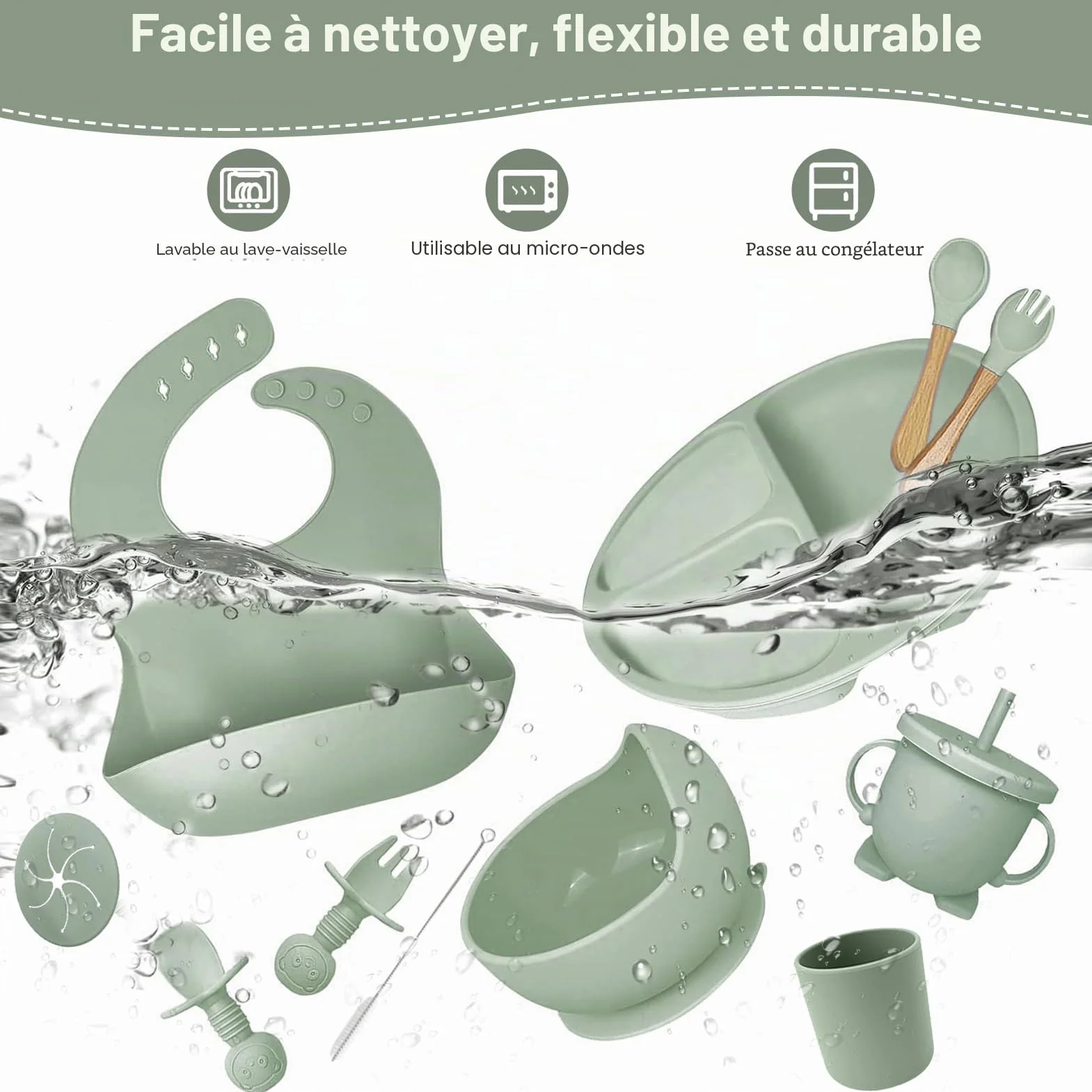 Assiette Bébé Lot de 12 Set Repas Bébé Bol Cuillère Bavoir Silicone Assiette Ventouse Enfant Set Couverts Vaisselle Sevrage