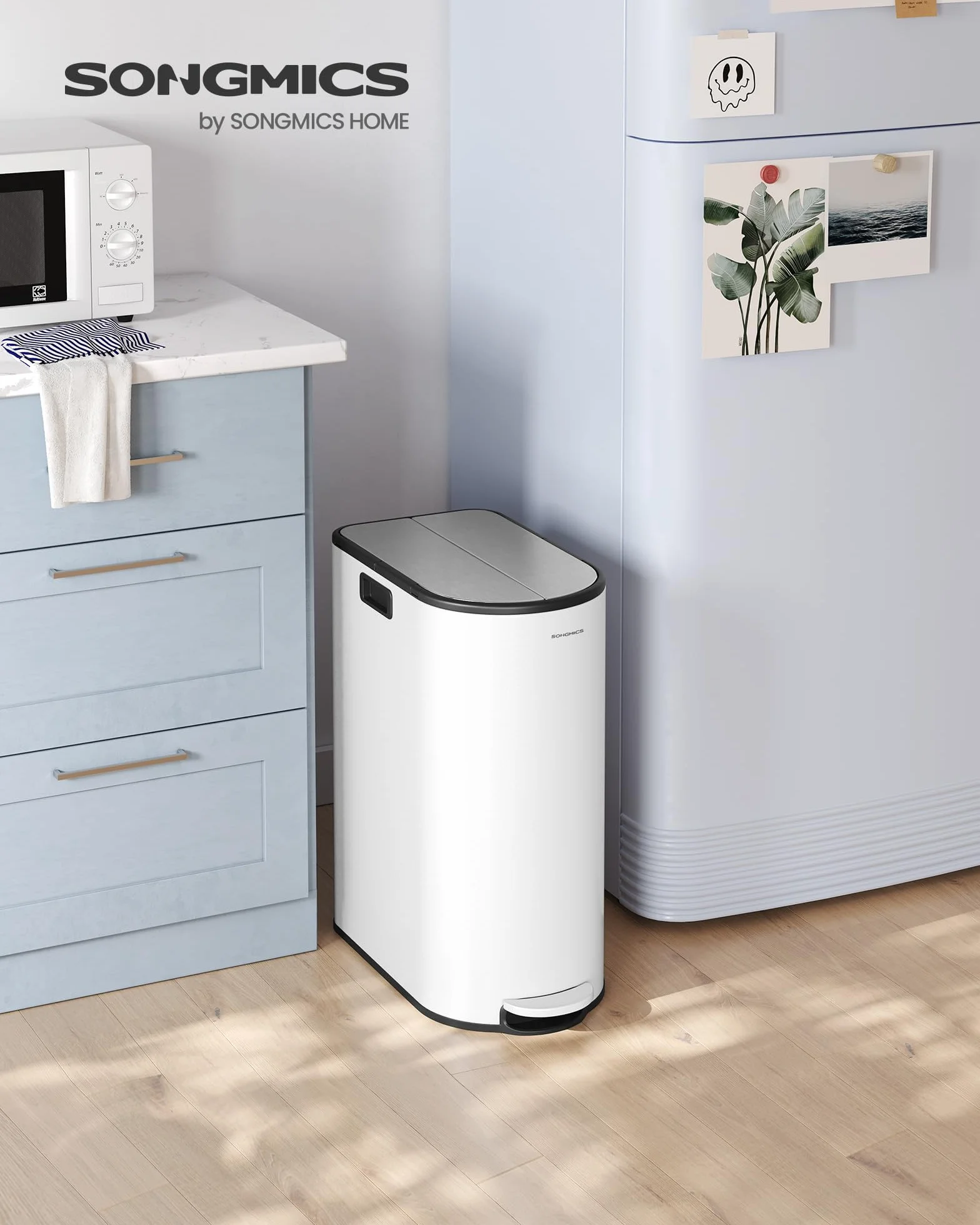 SONGMICS Poubelle Double 30L 20L 2 Compartiments Tri Recyclage Déchets Pédale Couvercles Ailes Blanc Nuage Argent Métallique LTB570W02