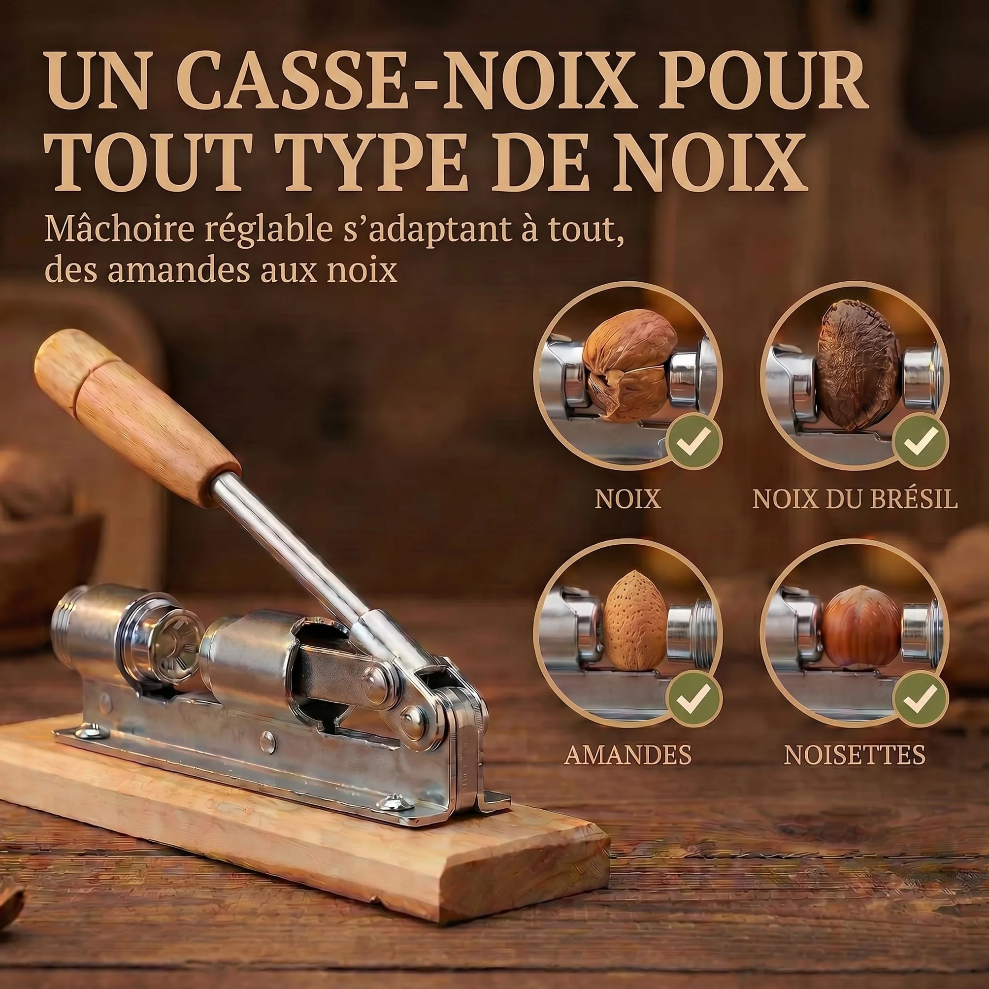 Casse-noisettes en acier inoxydable avec levier réglable