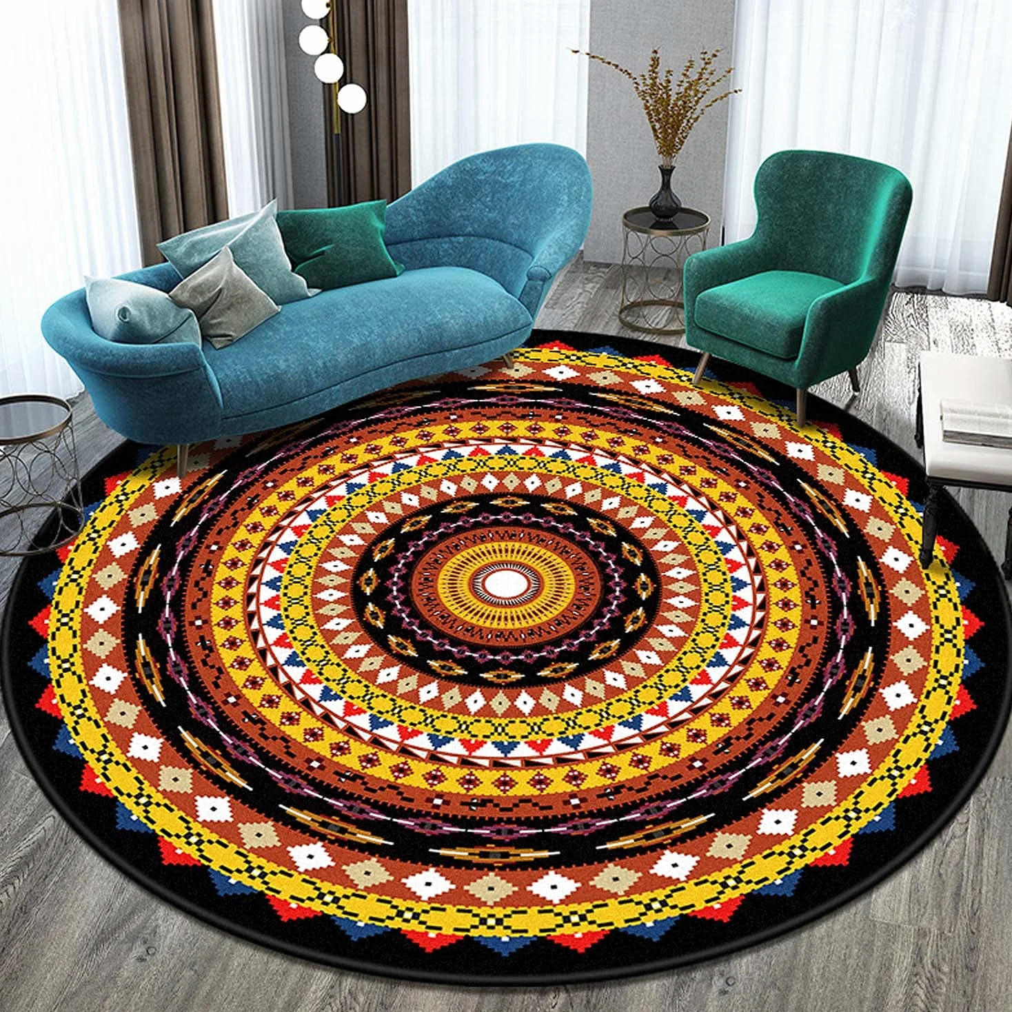 Dhao Tapis Rond Mandala Motif Bohême Moderne pour Salon Chambre à Coucher Cuisine Lavable Grands Antidérapant Tapis Diamètre: 160 cm