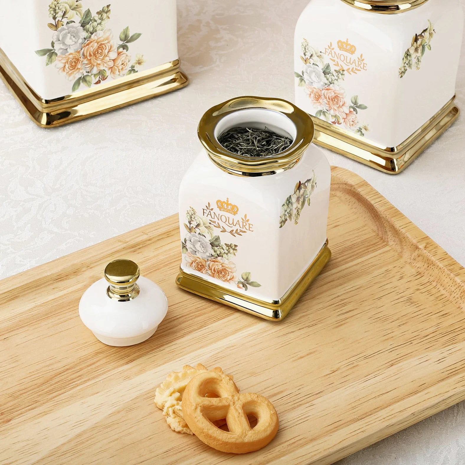 fanquare 3 Bocaux Vintage à Fleurs avec Couvercle, Tasses en Céramique pour le Thé, le Café, le Sucre, Pots Hermétiques pour Conserver les Aliments à la Maison, dans la Cuisine, Comme Cadeaux
