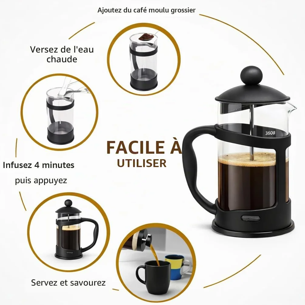 Cafetière Classique Continental Noire 350 ml – Cafetière à Piston en Verre Trempé Résistant aux Chocs
