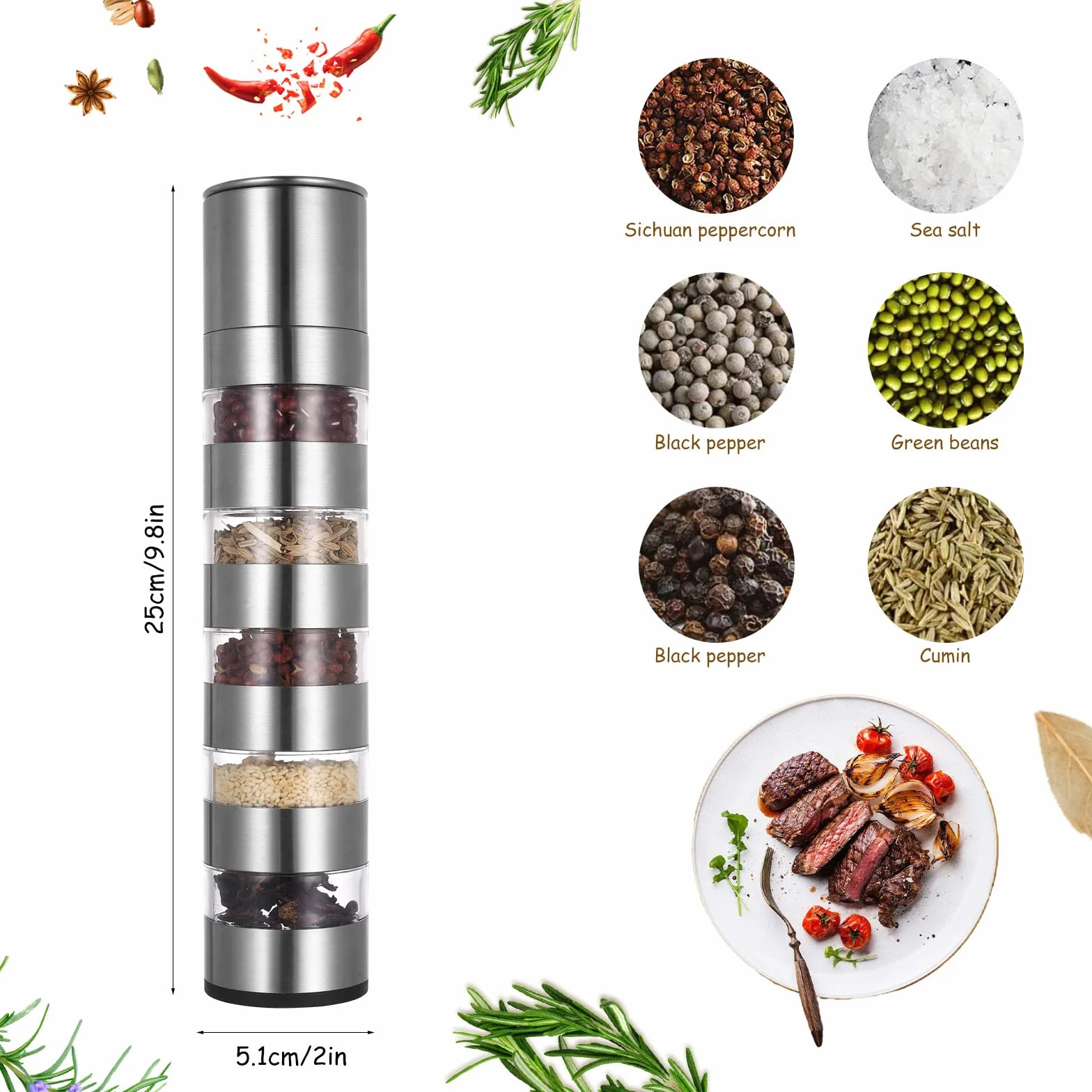 Pot à Épices 5-en-1 en Acier Inoxydable, Mini Bocaux à Épices Portables pour Camping et Voyage