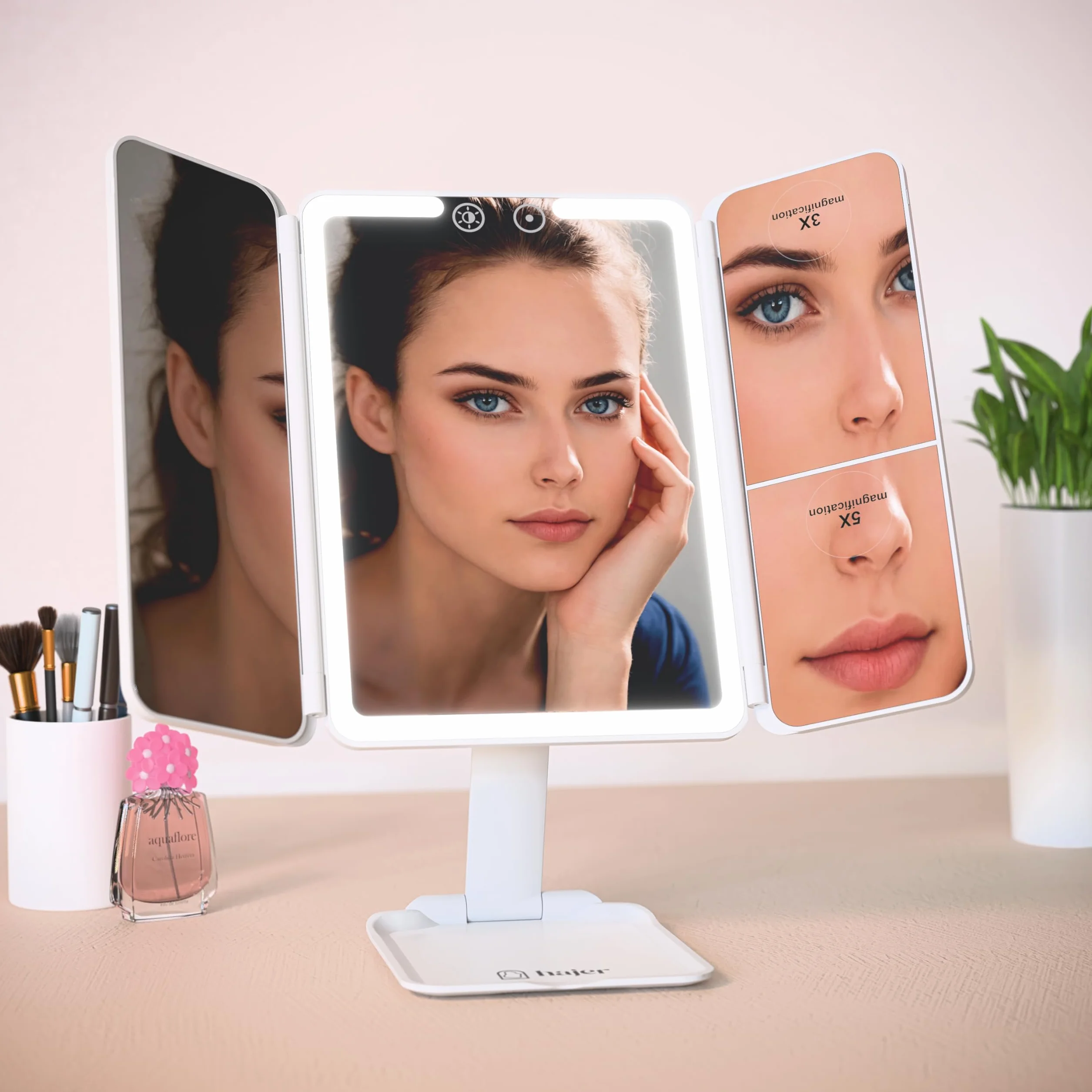 Hajer Miroir Maquillage LED Grossissant 1X/3X/5X 3 Modes Éclairage Tactile Rechargeable USB-C Pliable Voyage