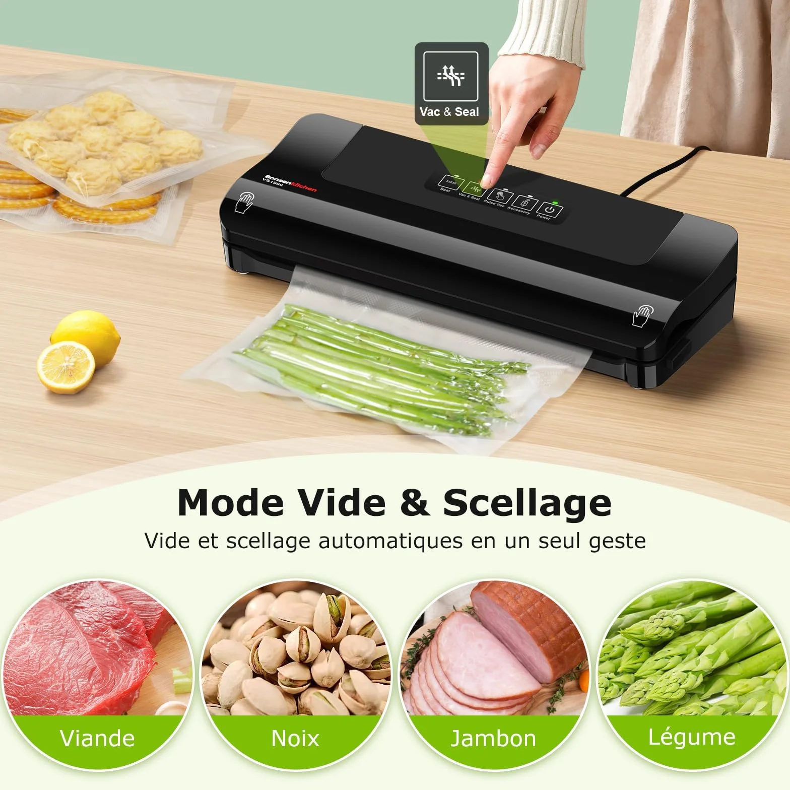 Machine sous vide alimentaire Bonsenkitchen compacte multifonction 4 modes 5 sacs tuyau aspiration