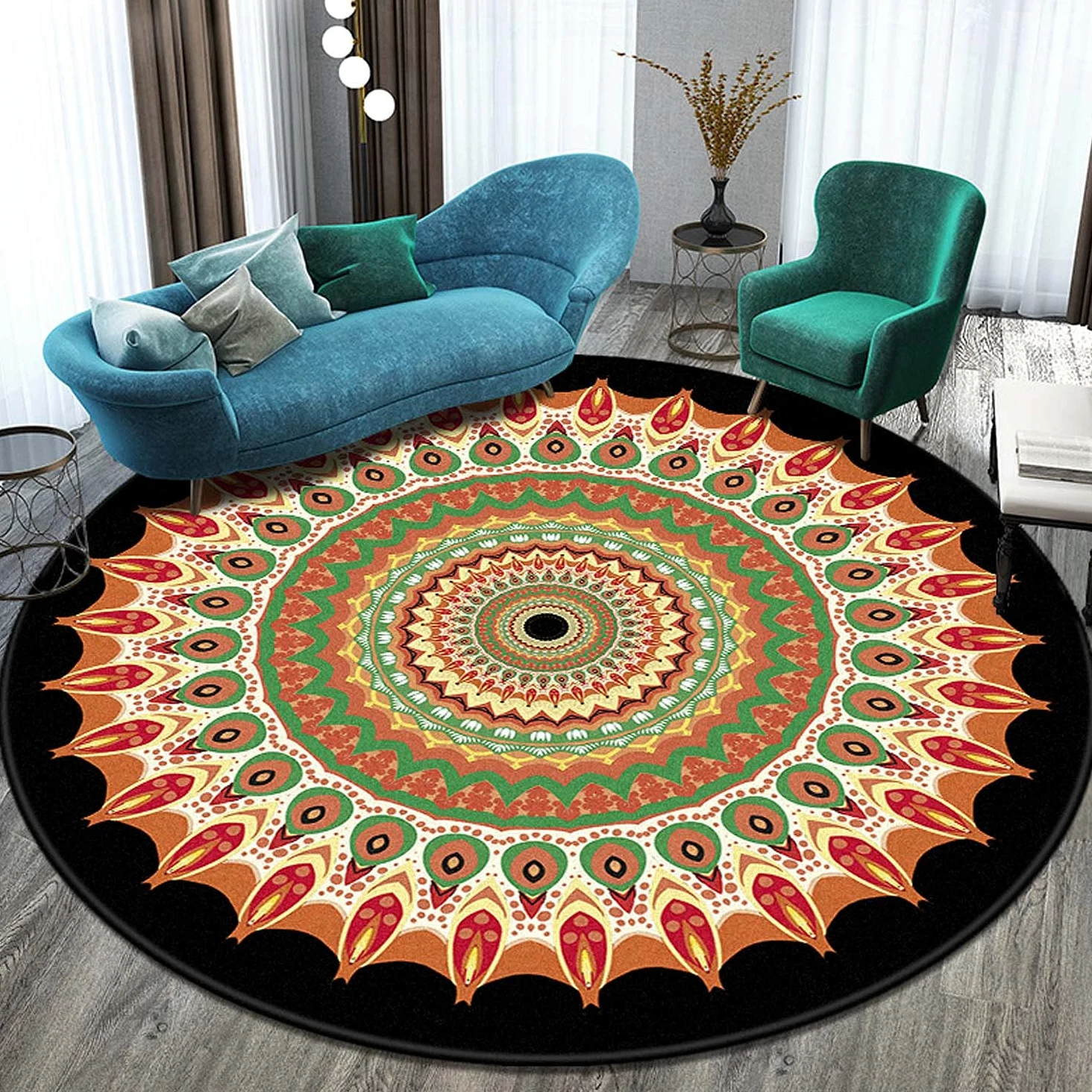 Dhao Tapis Rond Mandala Motif Bohême Moderne pour Salon Chambre à Coucher Cuisine Lavable Grands Antidérapant Tapis Diamètre: 160 cm