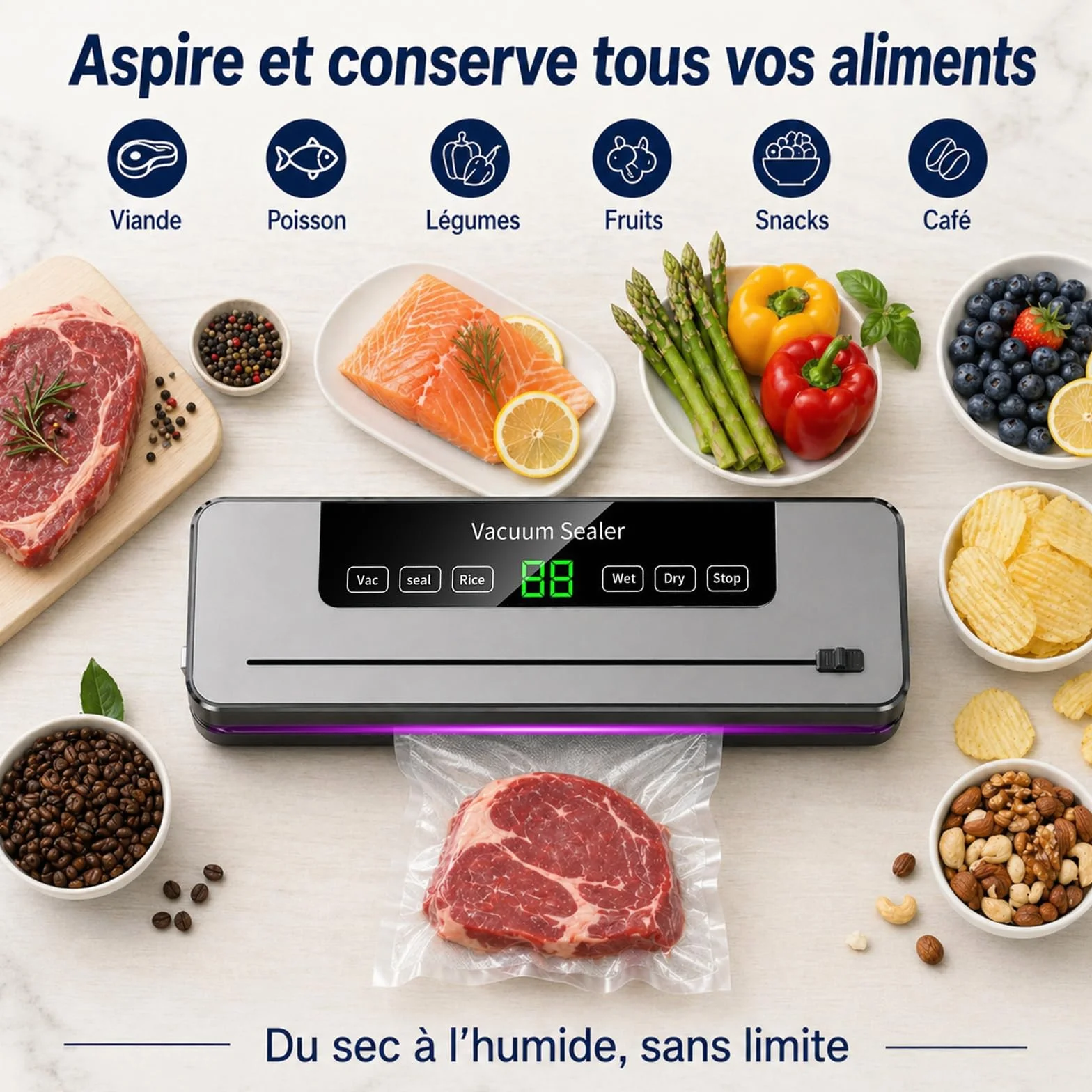 Machine Sous Vide Alimentaire 5 en 1 avec 50 Sacs, Mode Humide et Sec