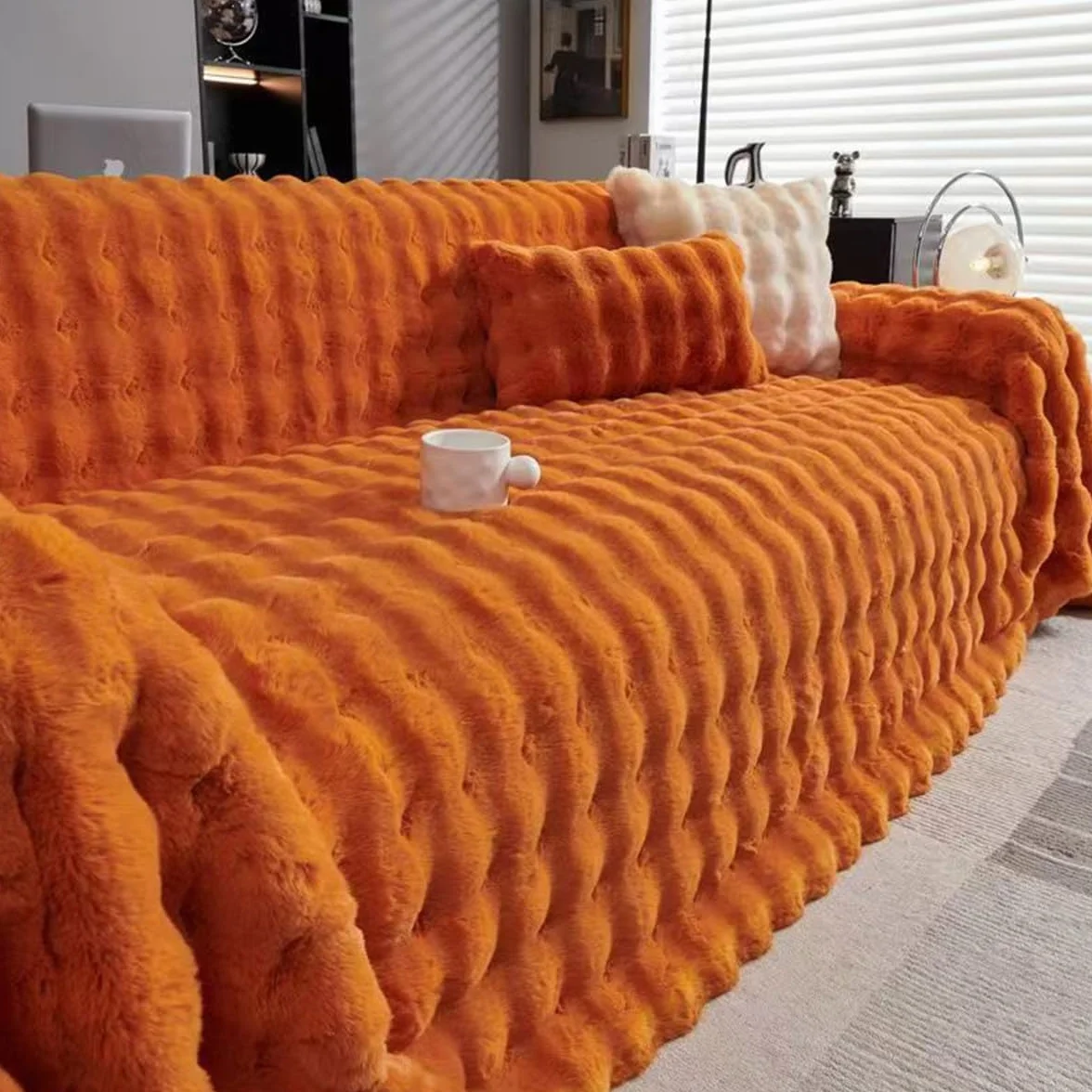 Highdi Peluche Housse de Canapé Antidérapante Anti Griffe pour Chiens Chats Orange 180x420cm