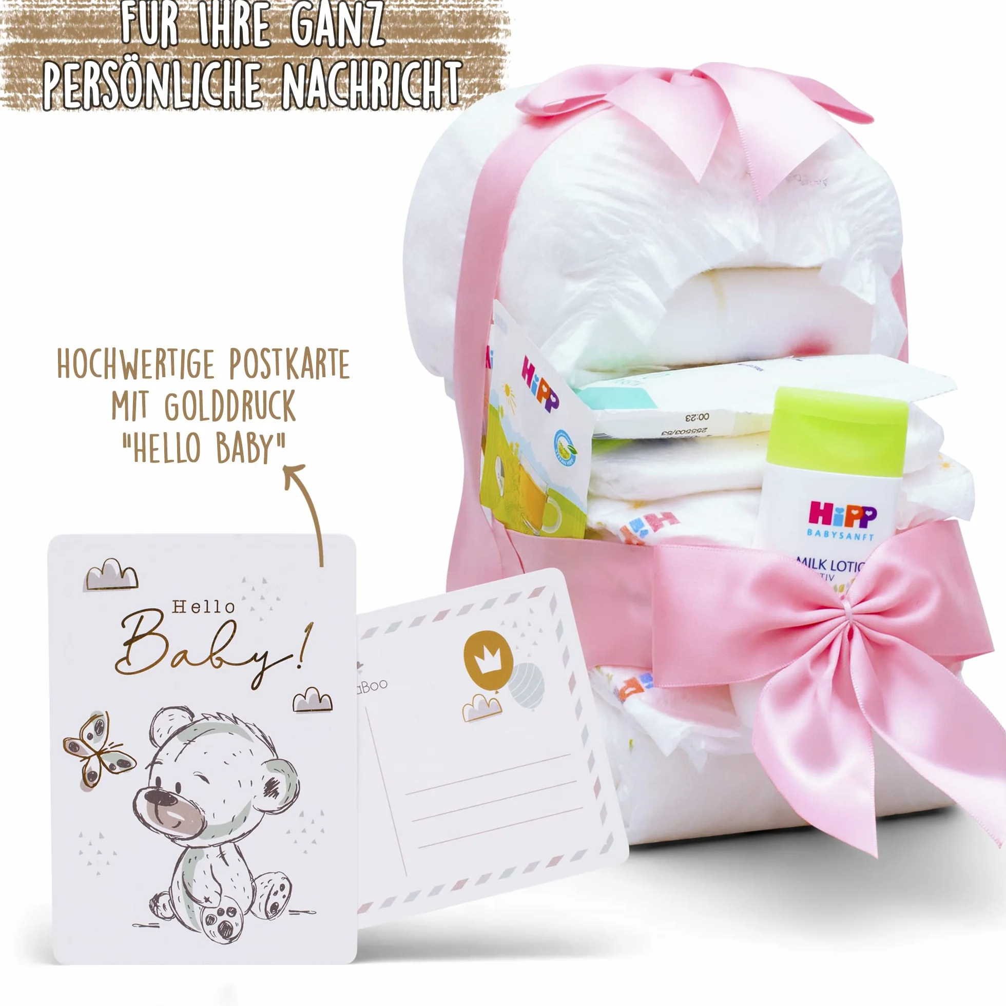 MilaBoo Gâteau de couches pour poussettes avec produits Hipp vert Cadeau de naissance Made in Germany