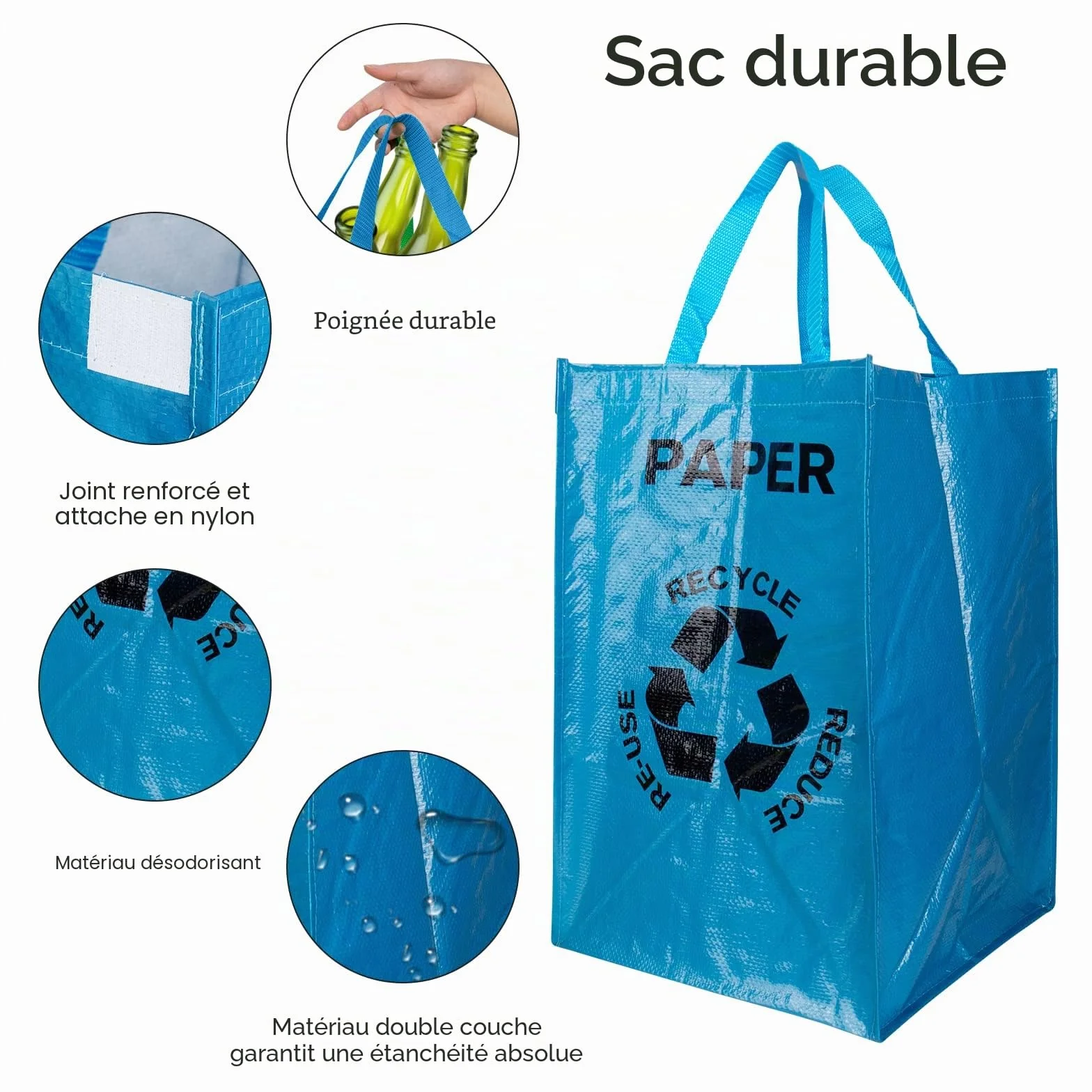 Sacs de Tri Selectif Lot de 3 Poubelle 40L pour Verre Papier Plastique Recyclage Intérieur Extérieur