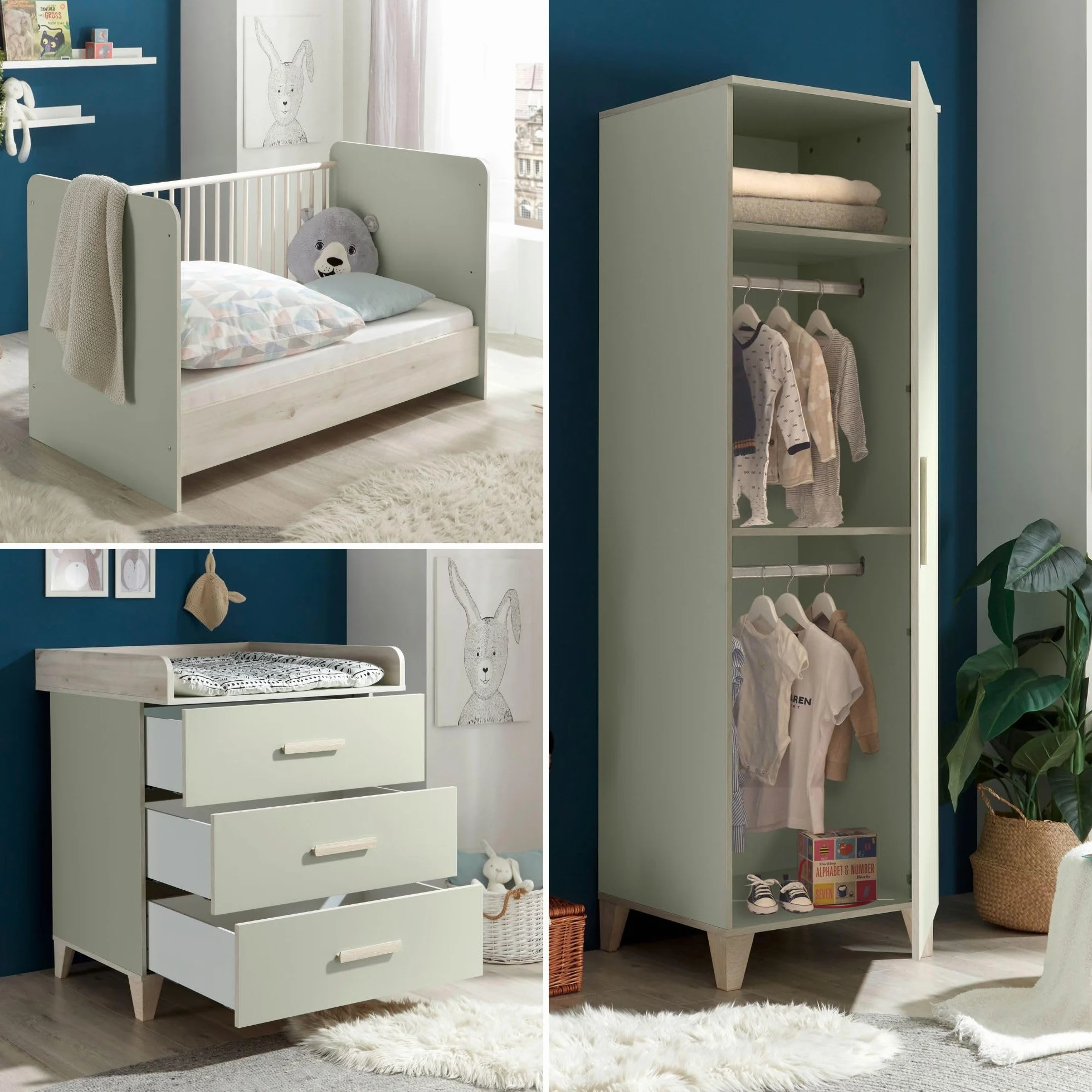Stella Trading Prizzi Complet Ensemble de Meubles Chambre 3 pièces Armoire Lit Bébé Commode à Langer Bois Vert Pastel