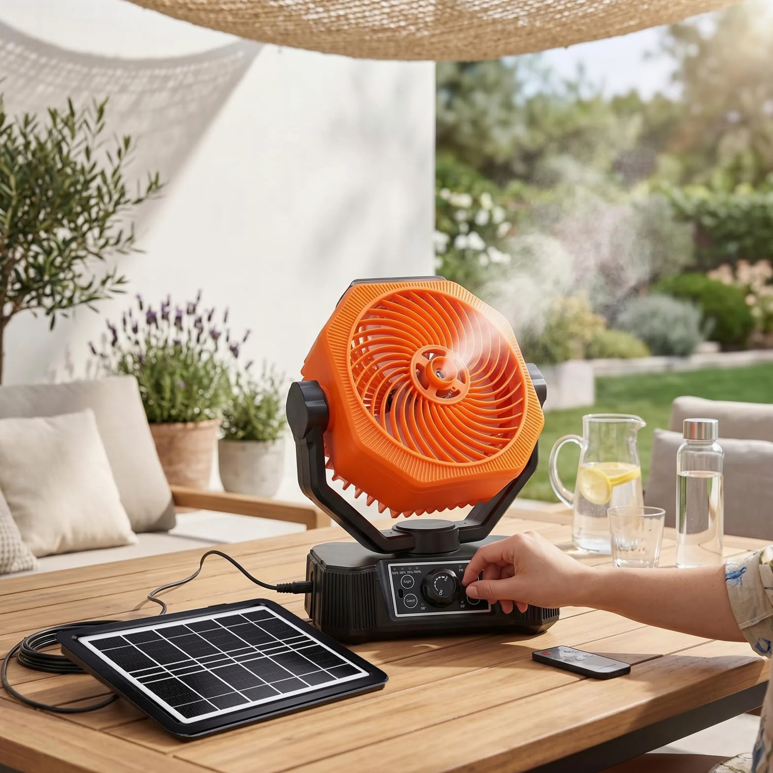 Ausla Ventilateur Brumisateur Solaire, Ventilateur de Refroidissement Portable Rechargeable à 8 Vitesses avec Lumière LED, Réservoir D’eau de 180 Ml, Batterie de 10 000 MAh, pour