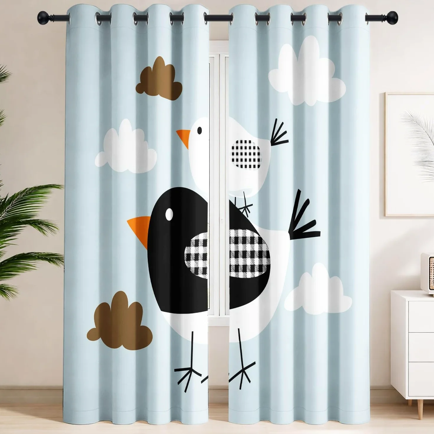 Rideau Occultant Géométrique Minimaliste Lot de 2 L 140 x H 220 cm Oiseaux Carreaux Nuages Rideaux Imprimés en Polyester à Oeillets Isolant Thermique Anti Froid pour Salon et Chambre d'enfant