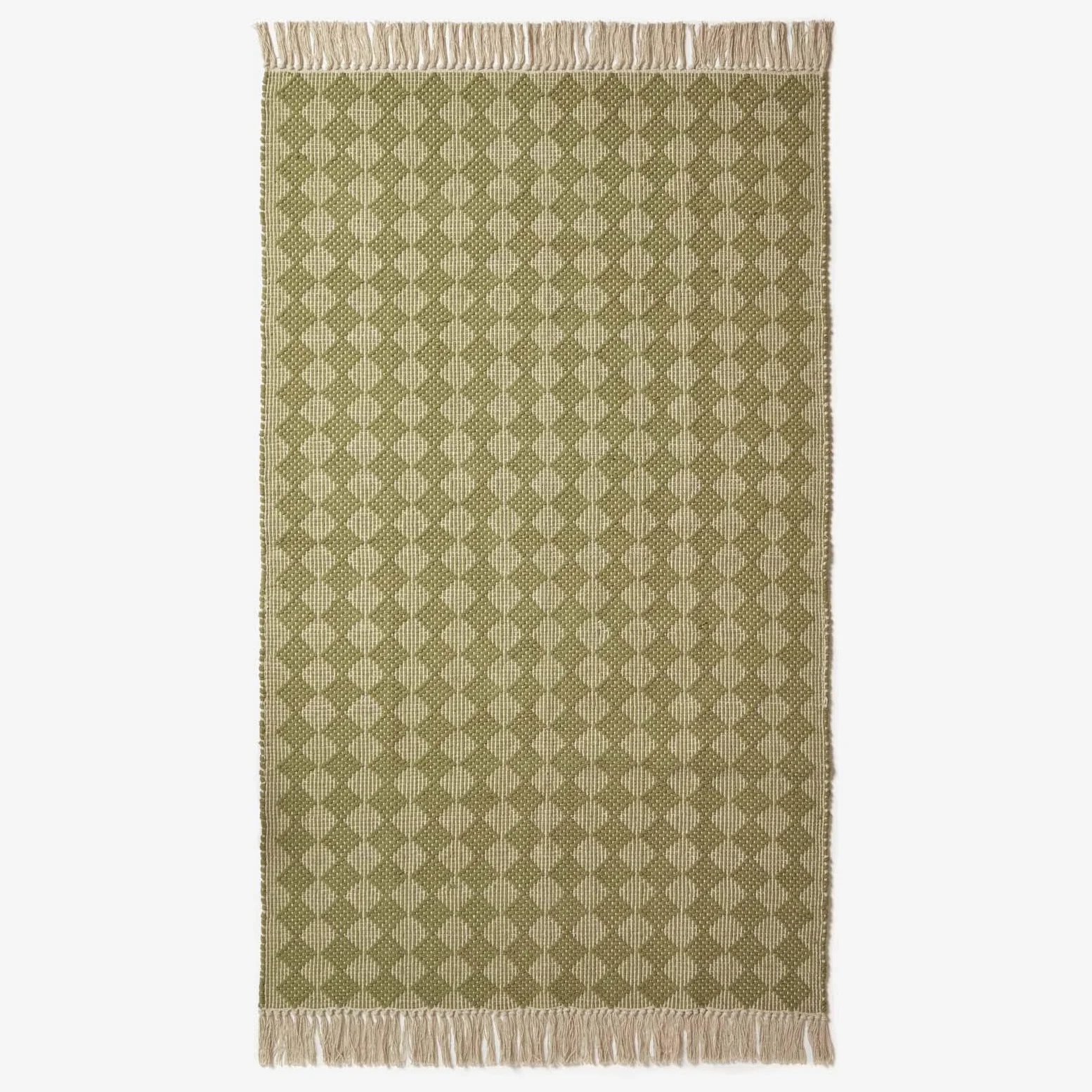 HOMESCAPES Tapis Vert en Coton Lima, Tapis rectangulaire 120x170 cm, Tapis géométrique à Franges