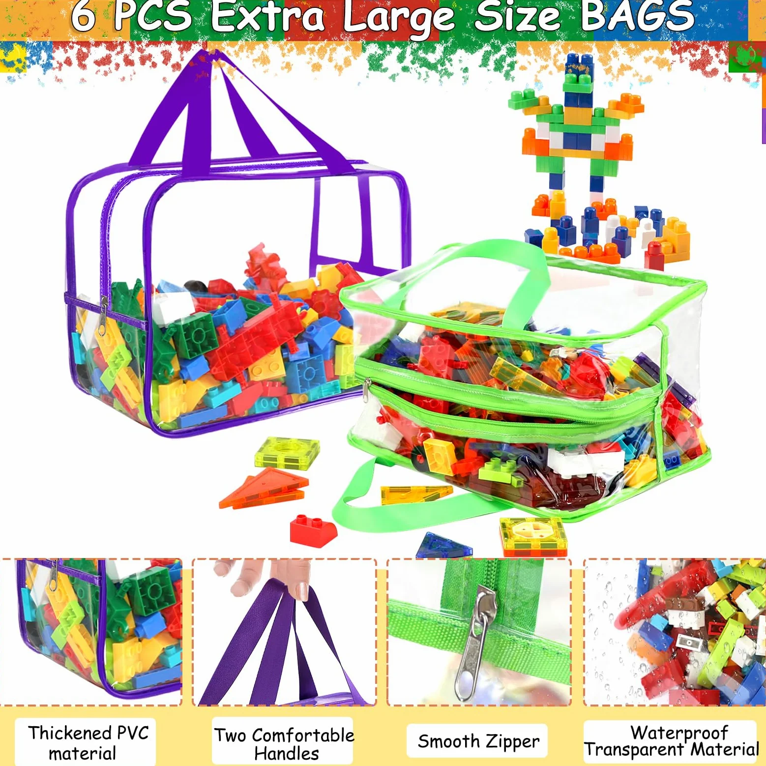 Sacs de rangement larges de 6 couleurs, 32,6 x 23,3 x 17 cm avec étiquettes, réutilisables en PVC transparent, sacs de rangement de jeux de société, sacs de voyage imperméables avec fermeture éclair