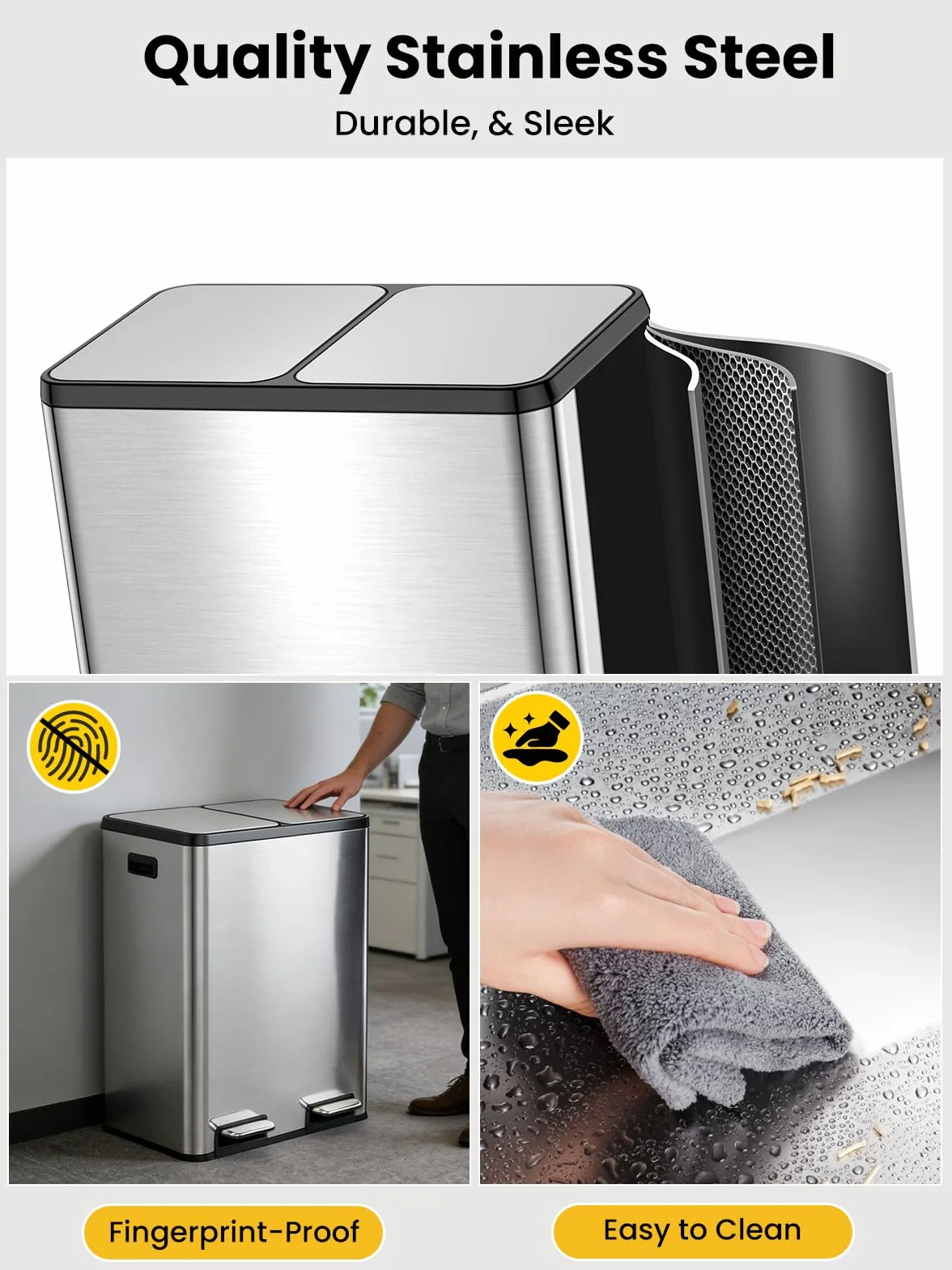 YEAUPE PRO Poubelle Cuisine 60L à Pédale, 2x30L Tri Sélectif Double Compartiment Inox