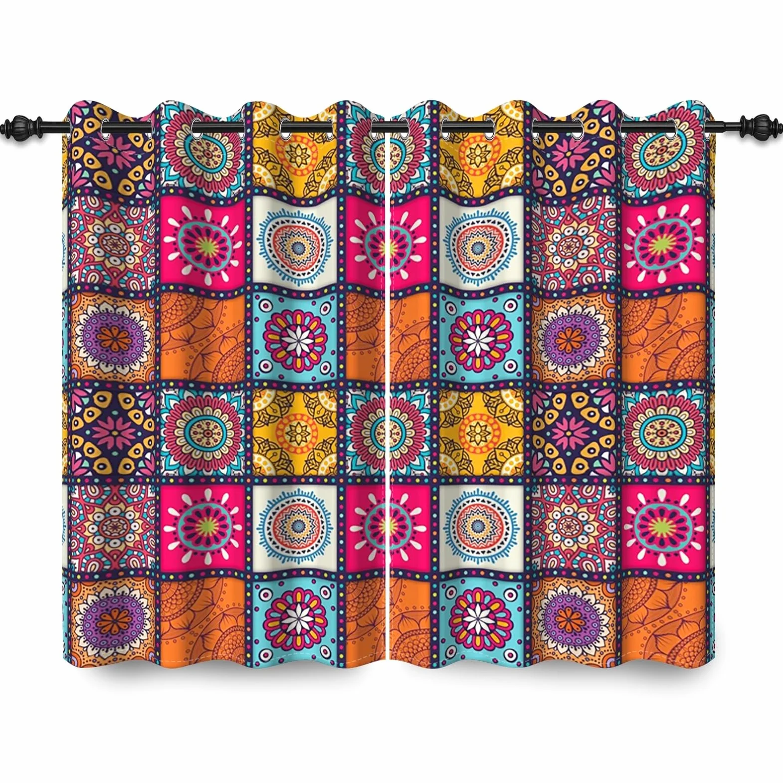 135x245cm Boho Patchwork Rideau à œillets Multicolore Mandala Abstrait Marocain Motif Isolant Thermique Œillets Occultant Rideaux pour fenêtres Chambre Salon Cuisine,2 Panneau