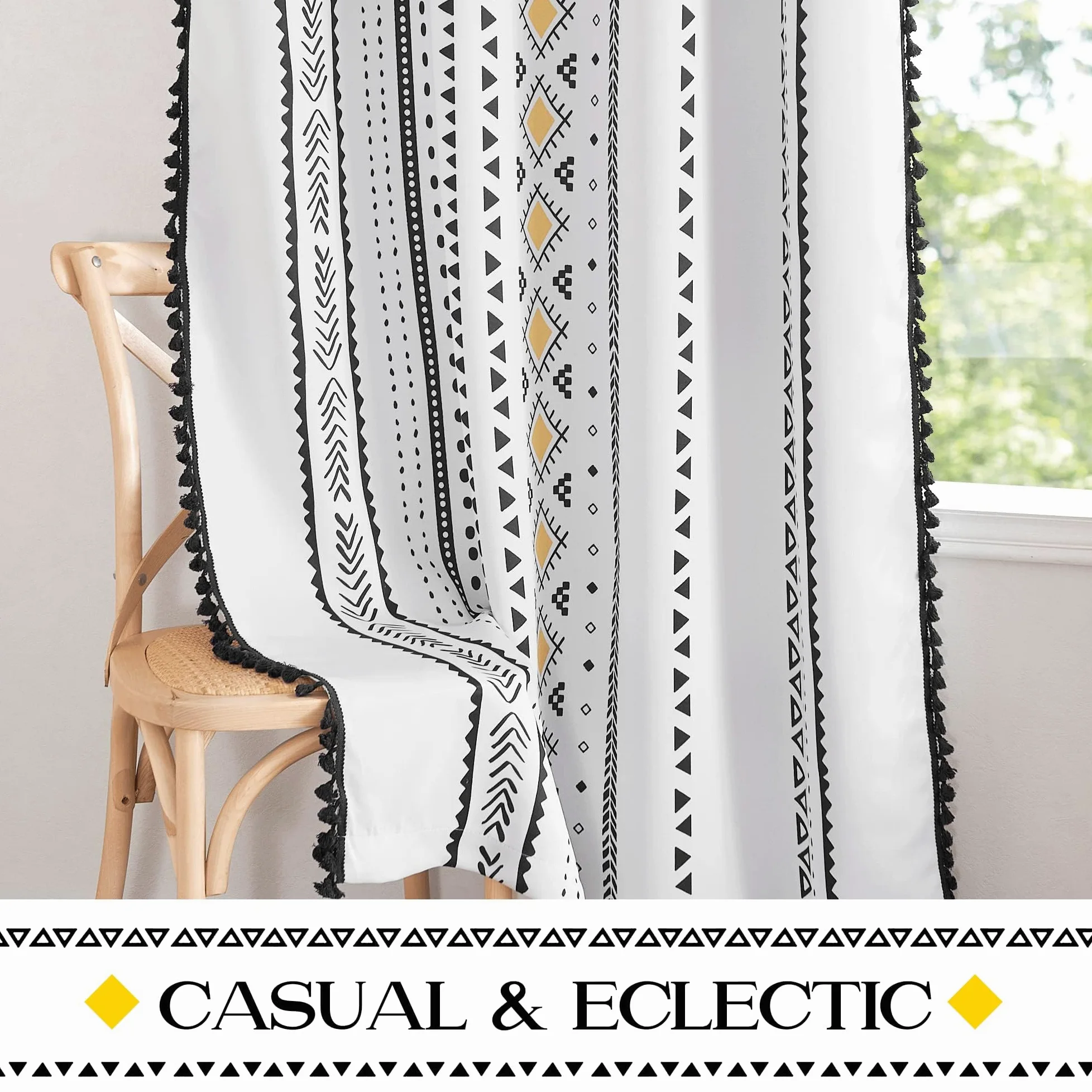 NICETOWN Rideaux occultants en macramé bohème blanc de 213,4 cm de long, 2 panneaux, rideaux à œillets décoratifs jaunes et noirs pour salon, chambre à coucher, 132,1 x 213,4 cm (l x L)