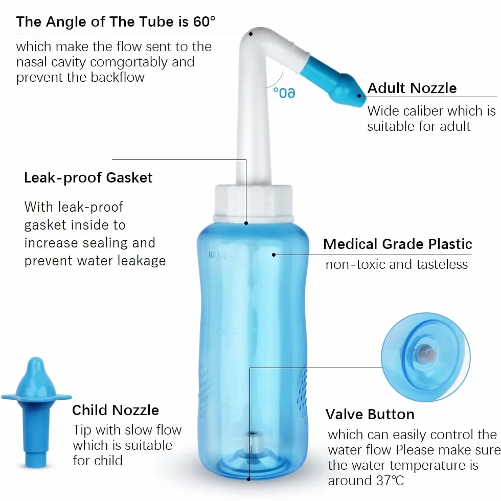 Kit Lavage de Nez 300ml Bouteille 40 Sachets Sel Nasal Douche Nasale Irrigation Sinus Rinse