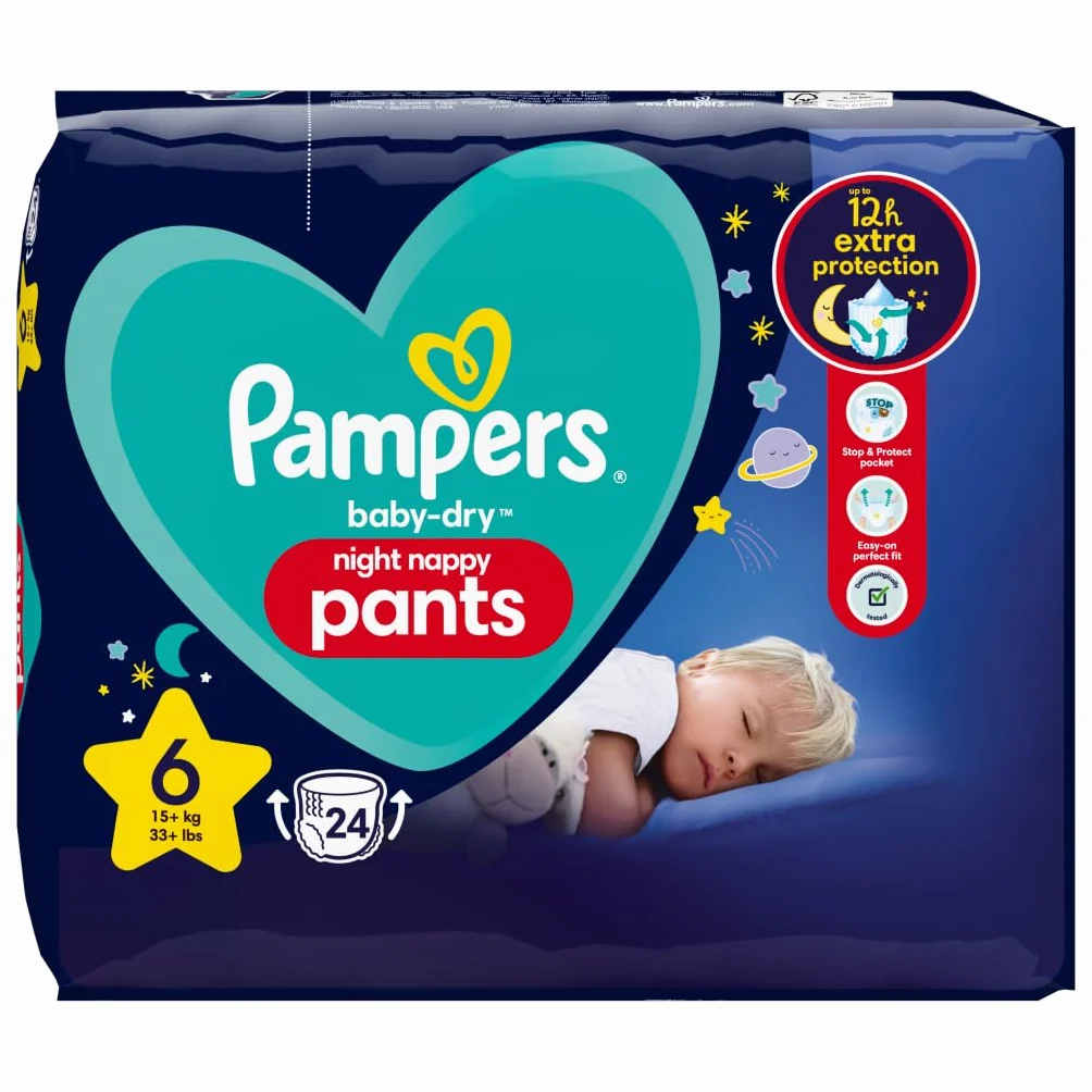 Pampers Baby-Dry Night Nappy Pants Size 6, 24 Count, 15kg+, Essential Pack