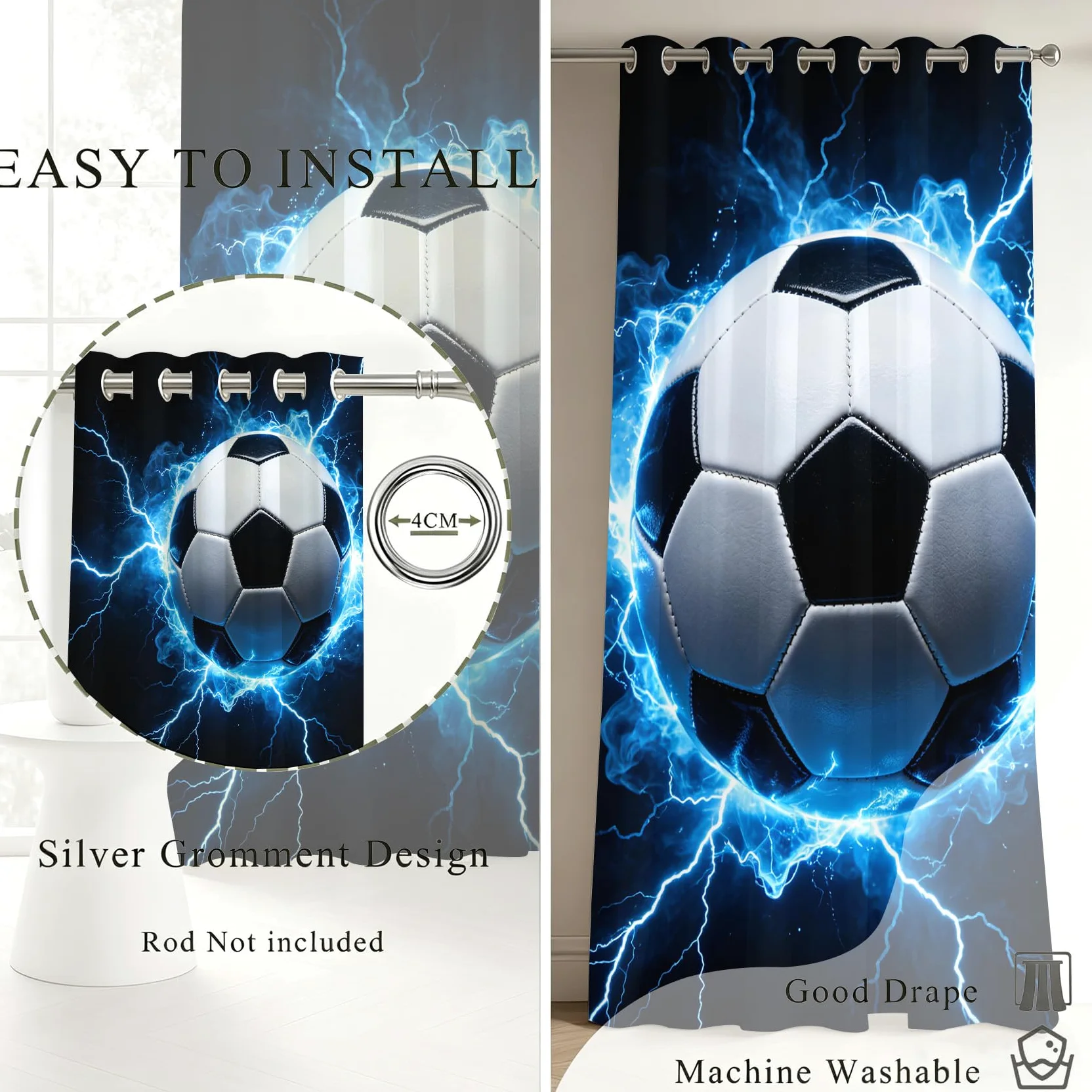 Lot de 2 Rideaux Occultants à Oeillets Football 100x200 cm, 3D Imprimé Rideau Occultant Thermique Isolant Opaque, Rideau Modèle de Football pour Salon Chambre Décoration Fenêtre C/1687