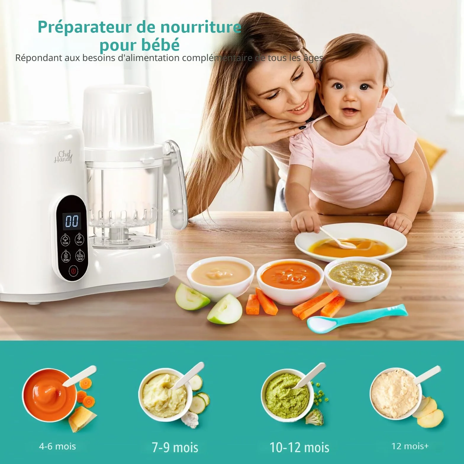 Chefhandy Robot Cuiseur Bébé 5 en 1 – Mixeur Cuiseur Vapeur Double, Chauffe-Biberon, Écran Tactile Blanc