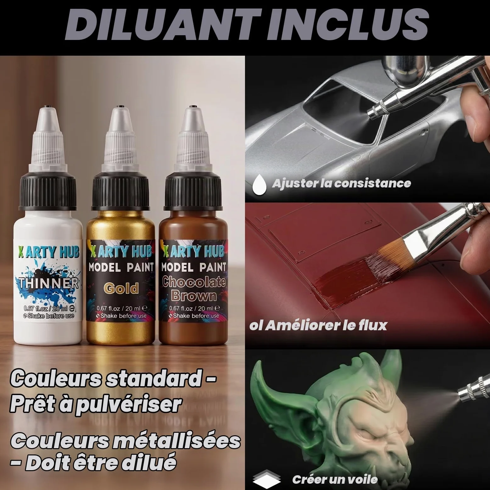 Kit de Peinture pour Maquettes avec Apprêts, Diluant et Pinceaux | 20 Peintures Acryliques, 3 Apprêts, 1 Diluant et 10 Pinceaux, Pinceau et Aérographe, pour Figurines, Miniatures & Modèles