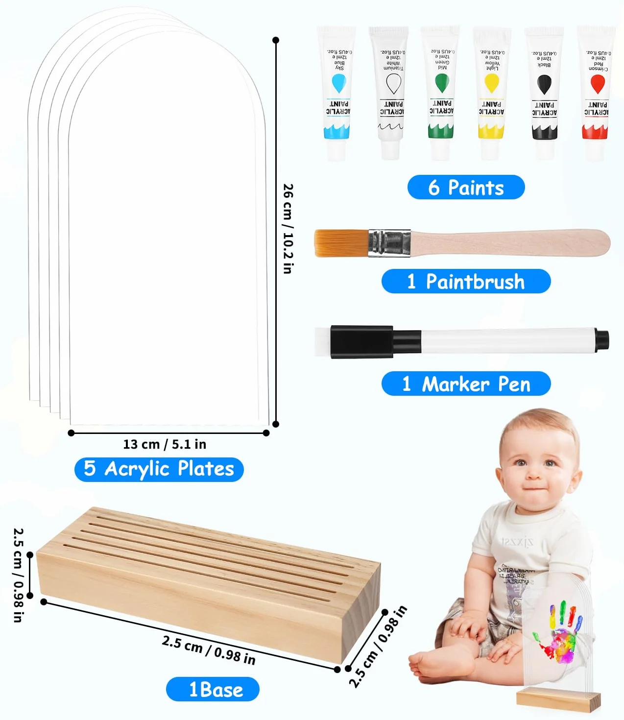 Kit Empreinte Main Famille avec 5 Plaques Plexiglas 6 Couleurs Pigments, Cadeau Bebe Naissance