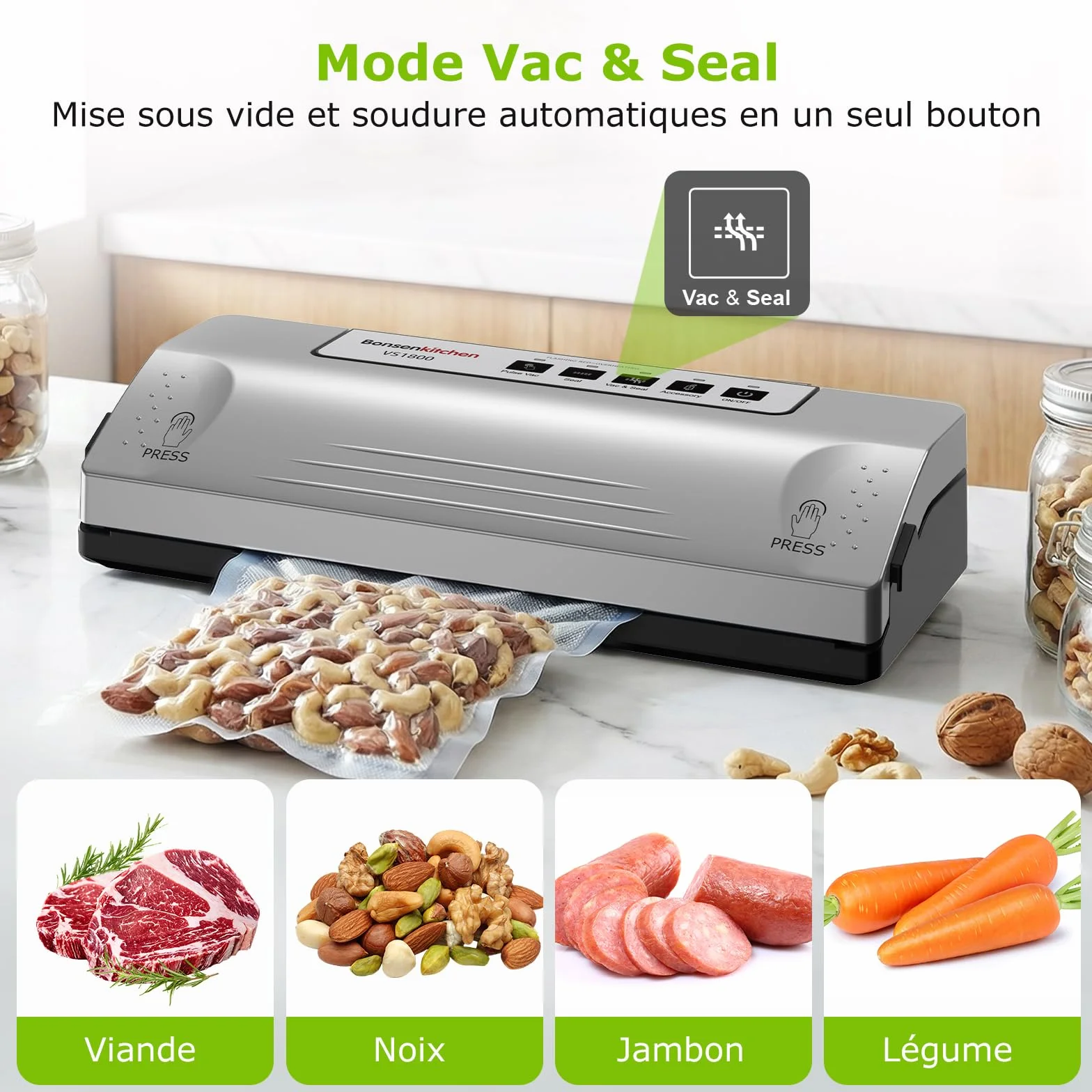 Bonsenkitchen Machine Sous Vide VS1800, Soudure Robuste 30 cm, Fonction Pulse