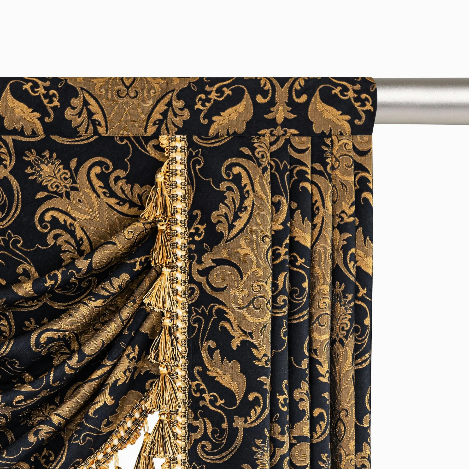 Cantonnière pour fenêtres, motif cascade damassée avec pompons, rideau court pour chambre à coucher, salon, cuisine, traitement de fenêtre avec passe-tringle (largeur 100 cm, noir)