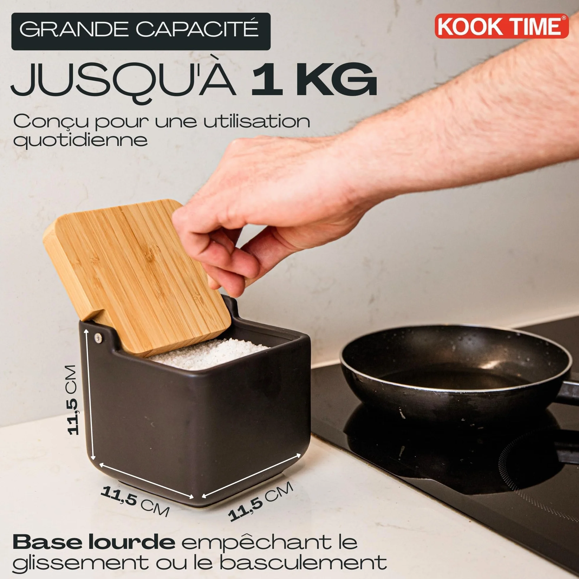 Boîte à sel cuisine céramique avec couvercle bambou 11.5 cm noir