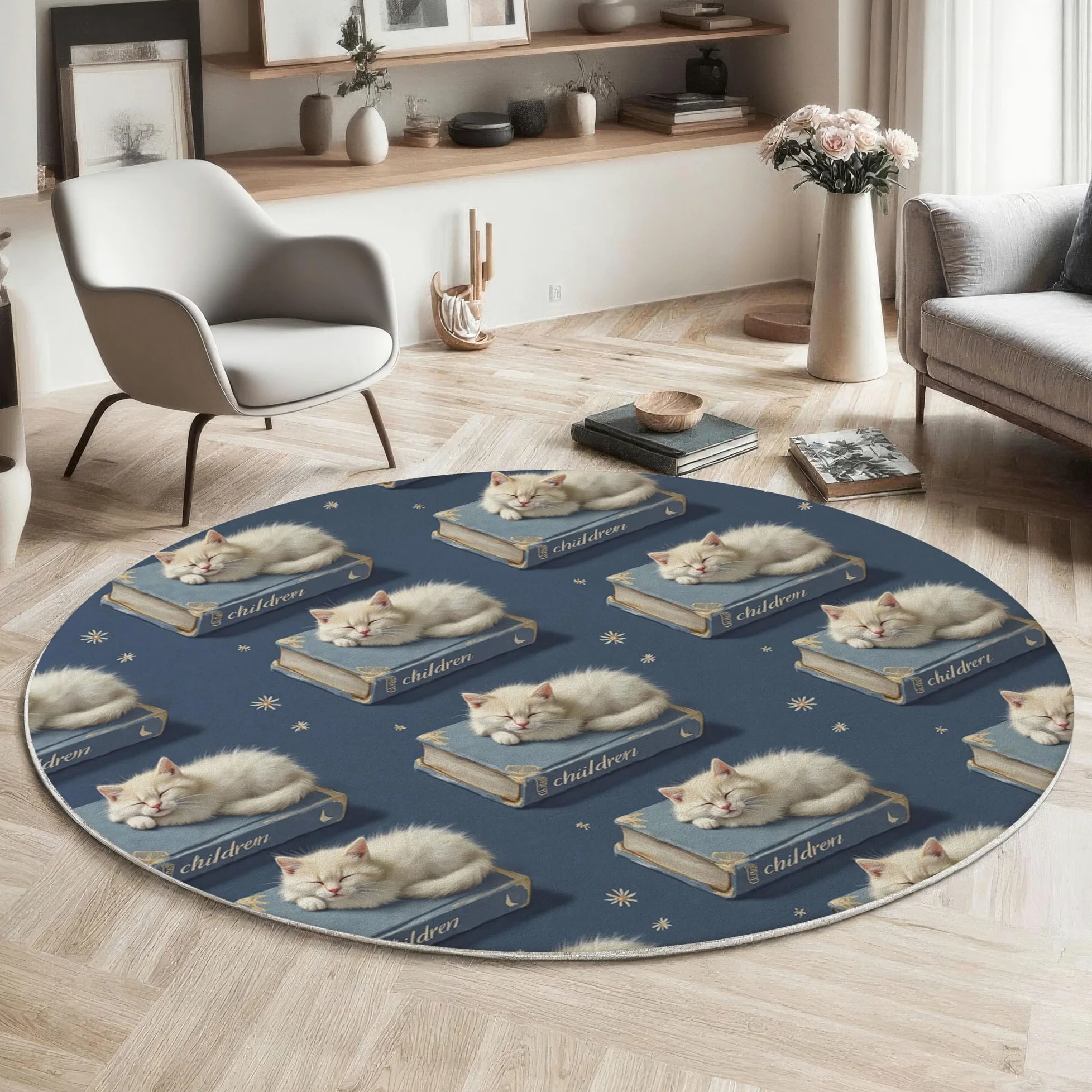 Tapis Rond De Chambre d'enfant 100 Cm - Chat Mignon Livres Bleu Marine - Motif Animaux Ciel Étoilé - Moelleux Et Antidérapant - Tapis De Salon À Poils Courts - Lavable - Moderne Doux