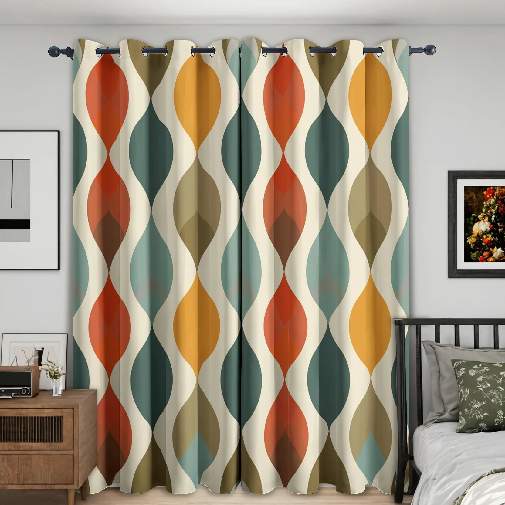 Rideaux Occultant Géométrique Médiéval, Rideau Isolant Thermique pour Salon Chambre, Rideaux Motif Moderne Colorée, Lot de 2 Rideaux Opaque à Oeillets 140x260cm LxH