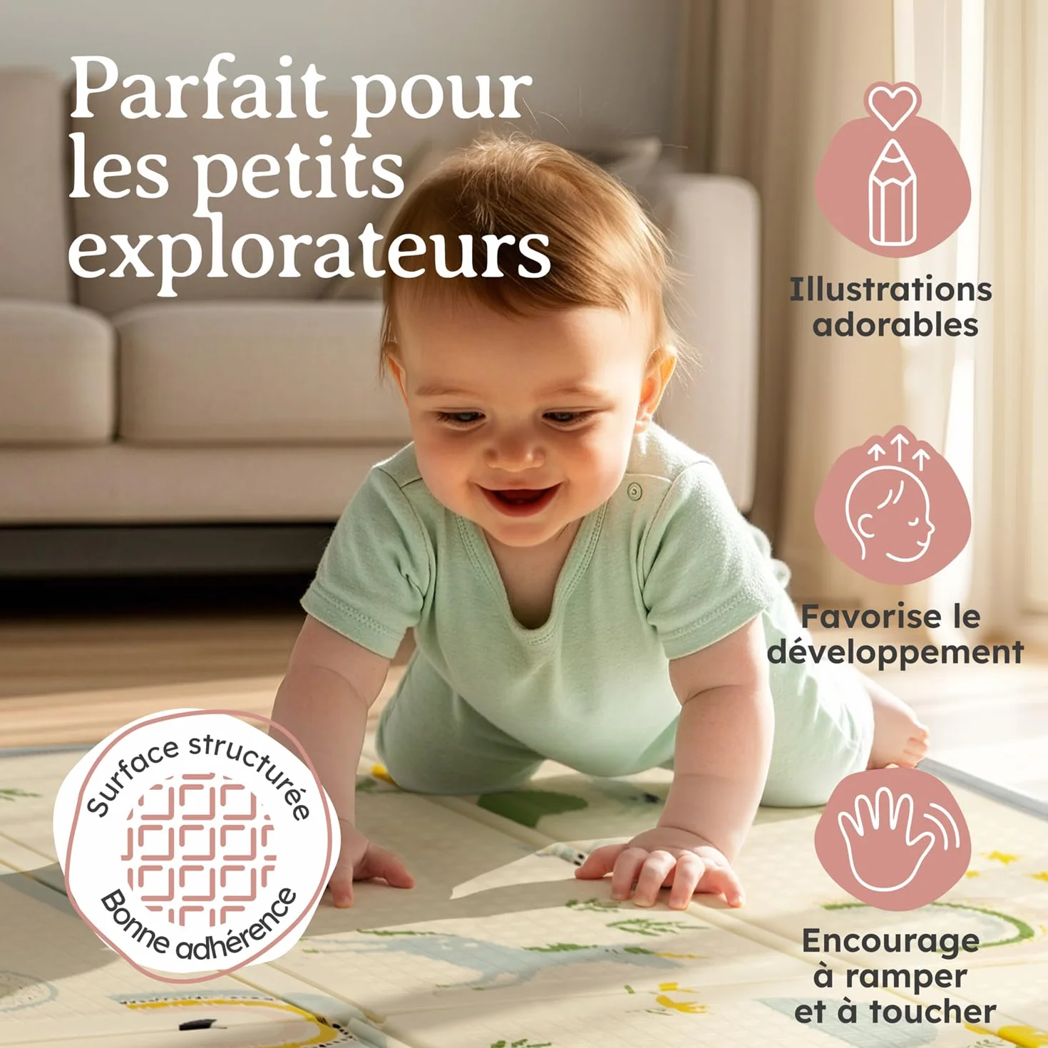 Tapis d’éveil bébé imperméable 120 x 150 x 1 cm pliable réversible antidérapant arc-en-ciel