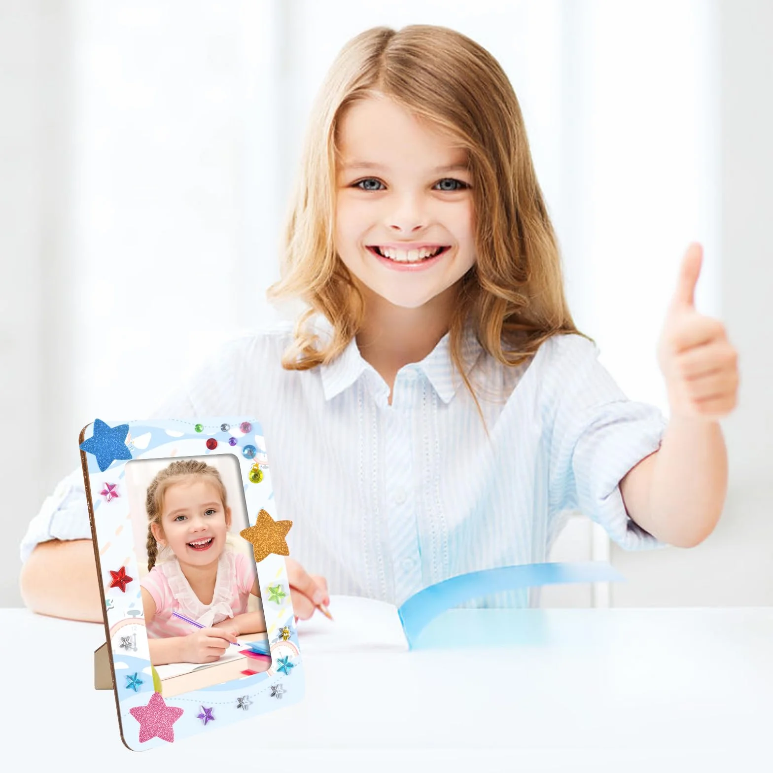 DIY Cadre Photo pour Enfant 6 Pièces Kits en Bois 15 x 20 cm avec Autocollant Diamant et Crayons