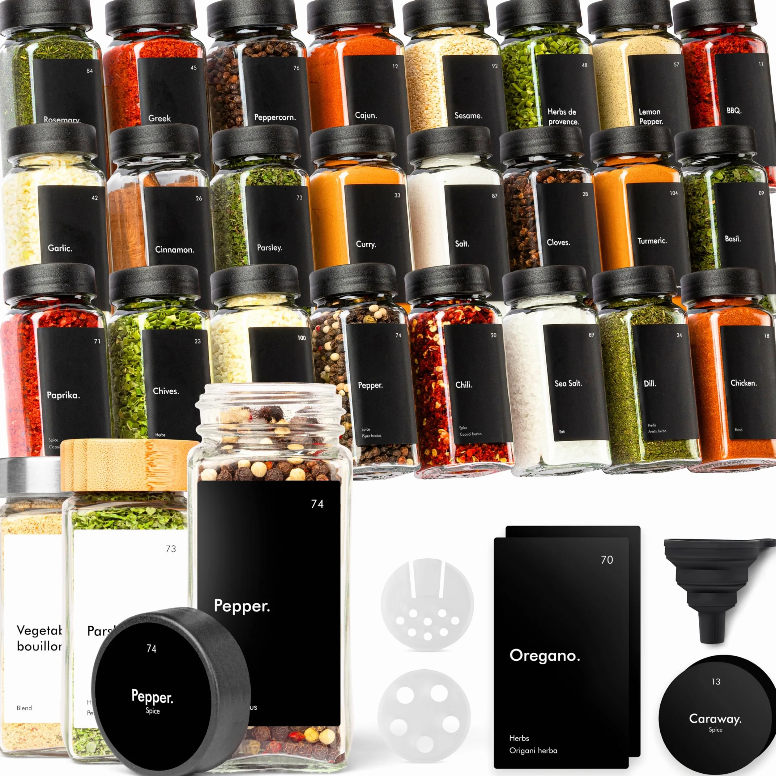 Lot de 24 pots à épices vides avec bac à saupoudrer 120 ml - Bocaux carrés hermétiques noir