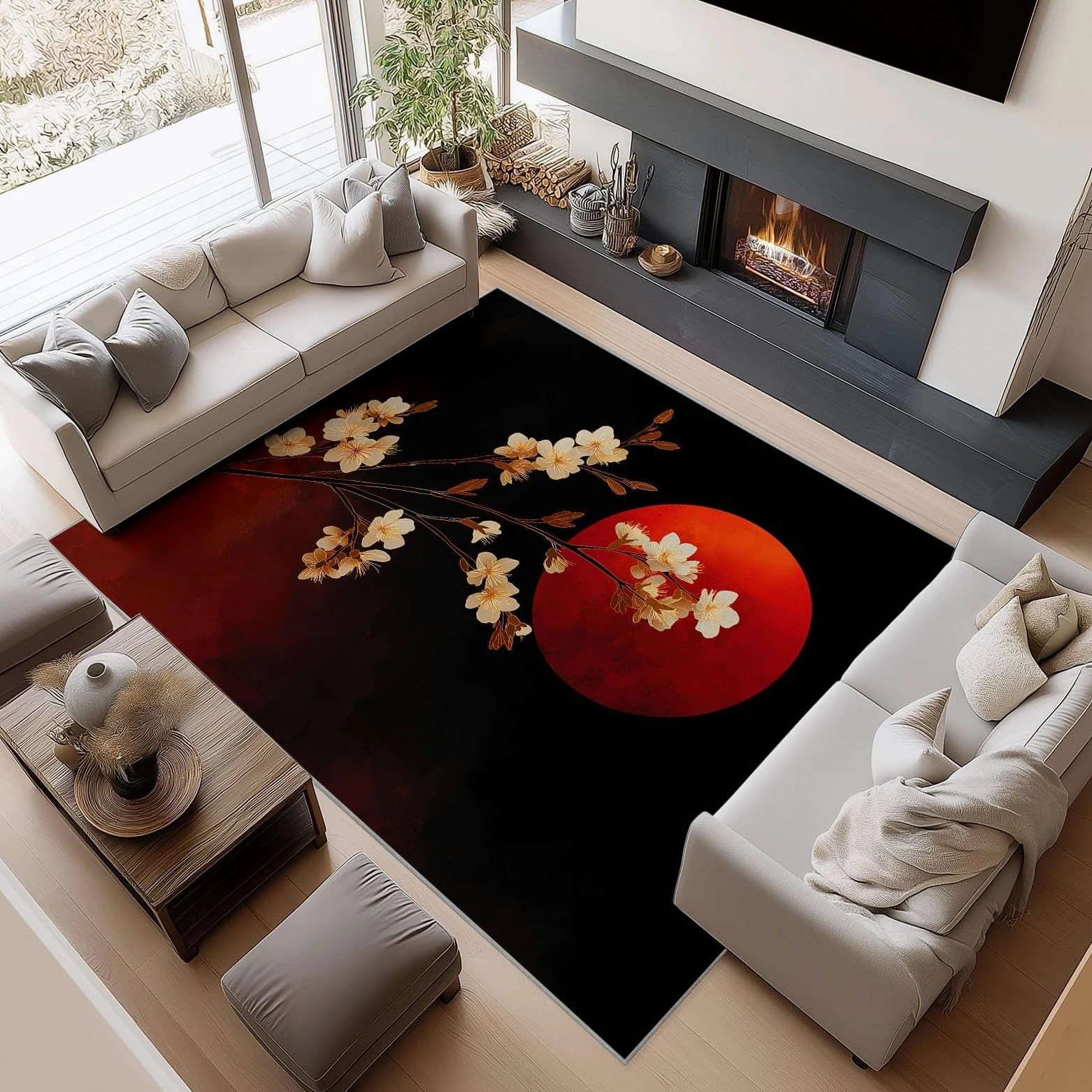 Antidérapante Tapis de Salon Chambre - Salon Super Doux Salle à Manger Faux Tapis en Laine, Motif Fleurs crème Soleil Rouge Style Japonais Rug Décoratif Résistant Lavable Noir et Rouge 120 x 180cm