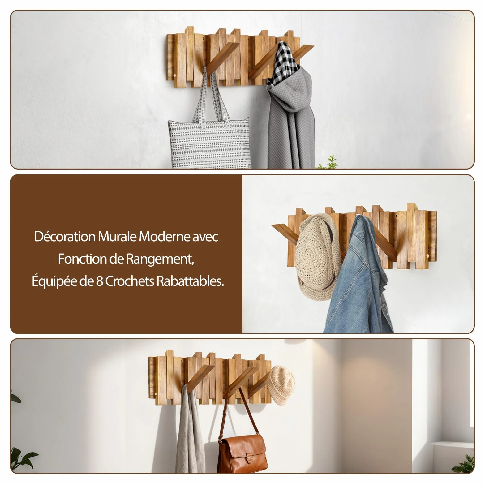 Porte-Manteau Mural en Bois avec 8 Crochets, Crochets Pliables, Design Moderne, 42,5 x 16 x 2,5 cm