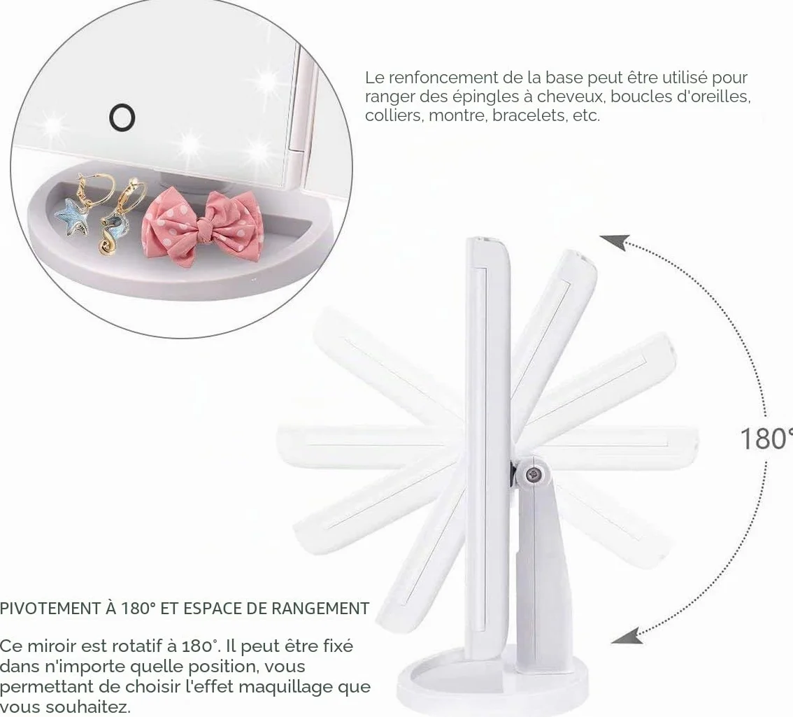 WEILY Miroir de Maquillage 3 Volets avec 21 LED Tactile Blanc