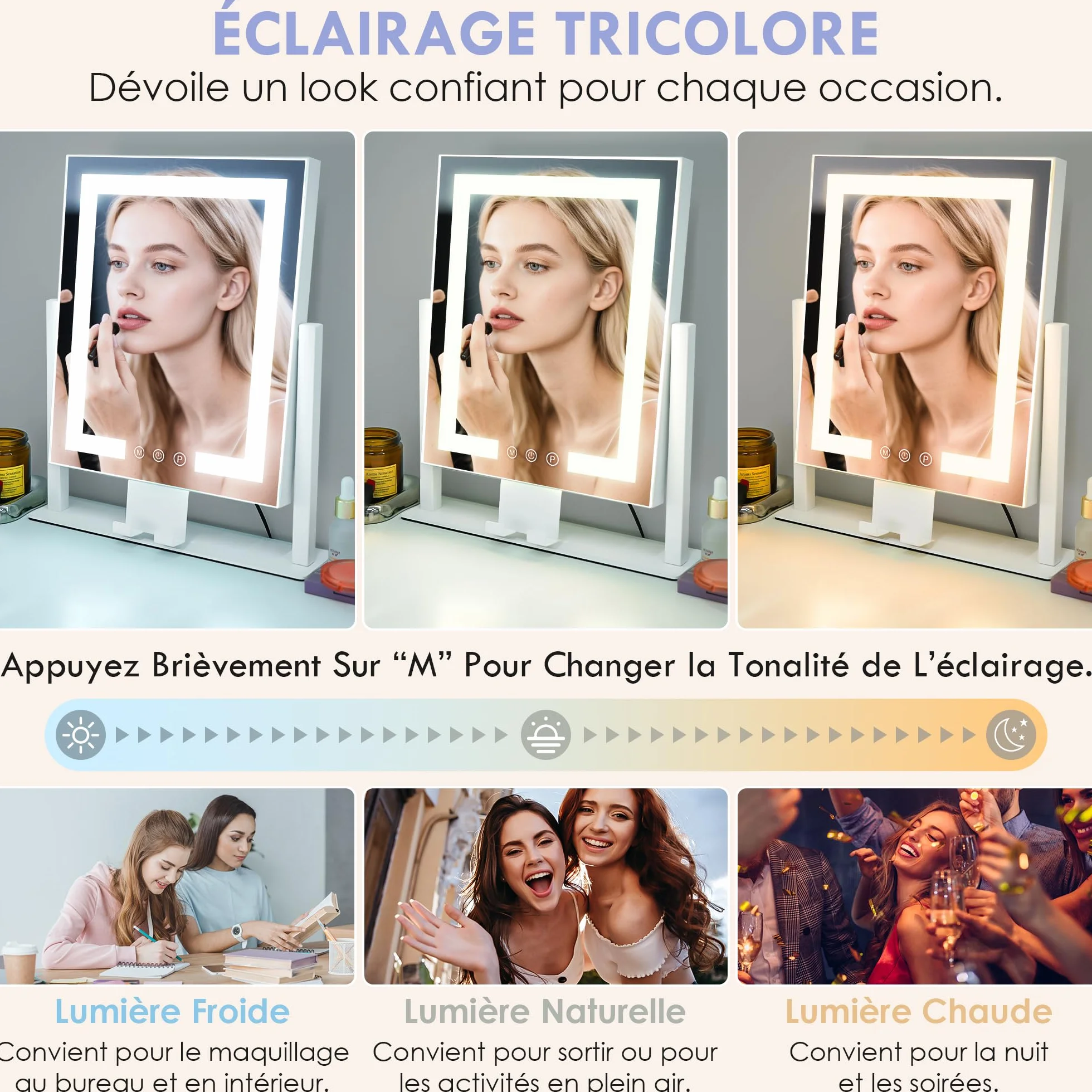 LuxeVue Miroir de Maquillage avec lumières 30x36 cm, 3 Modes d'éclairage Tactile, Grossissant 15X, Cadre en Métal