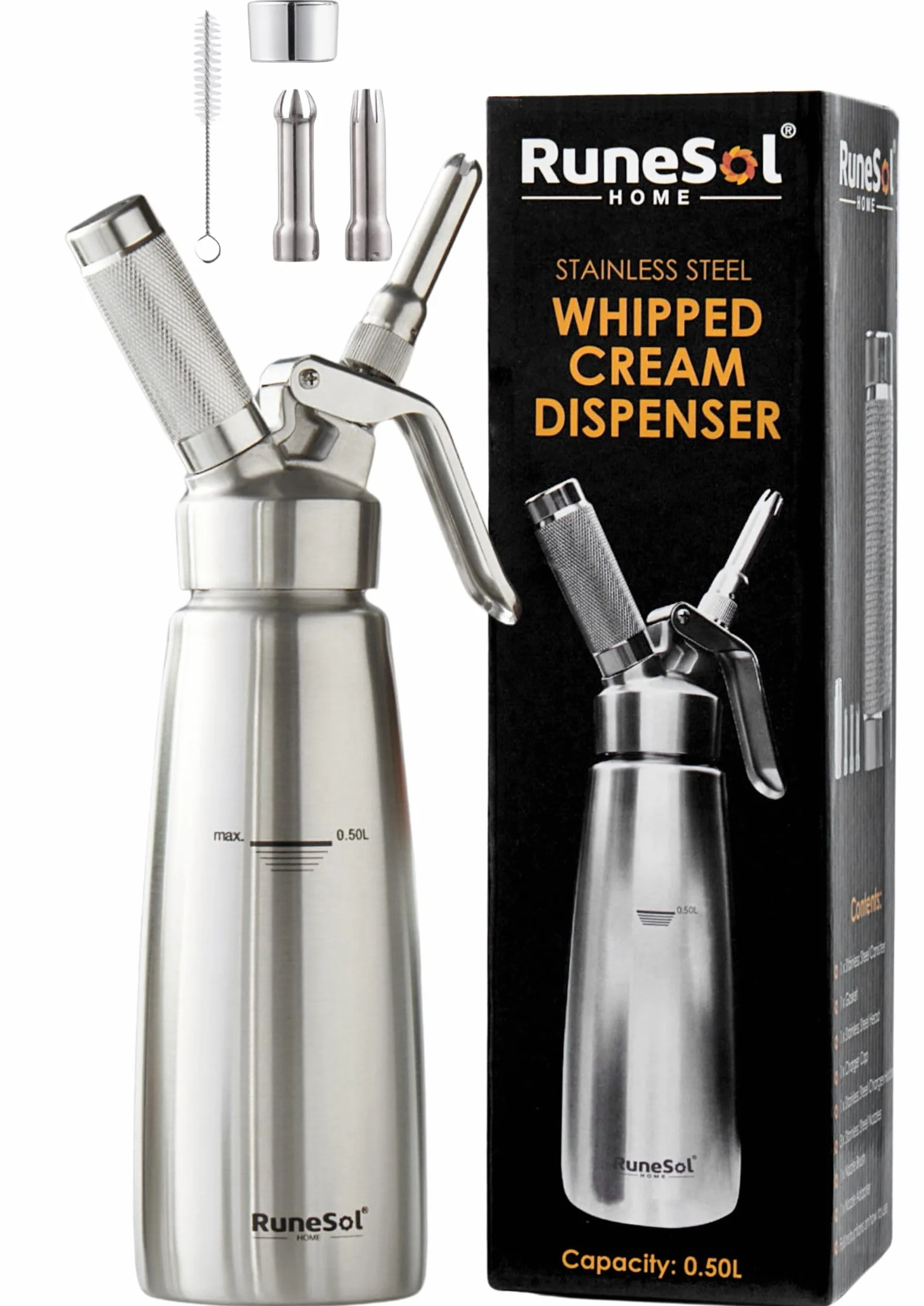 Runesol Siphon Chantilly Professionnel Inox 500ml 3 Douilles Acier Inoxydable 1 Brosse Siphons Cuisine Patisserie